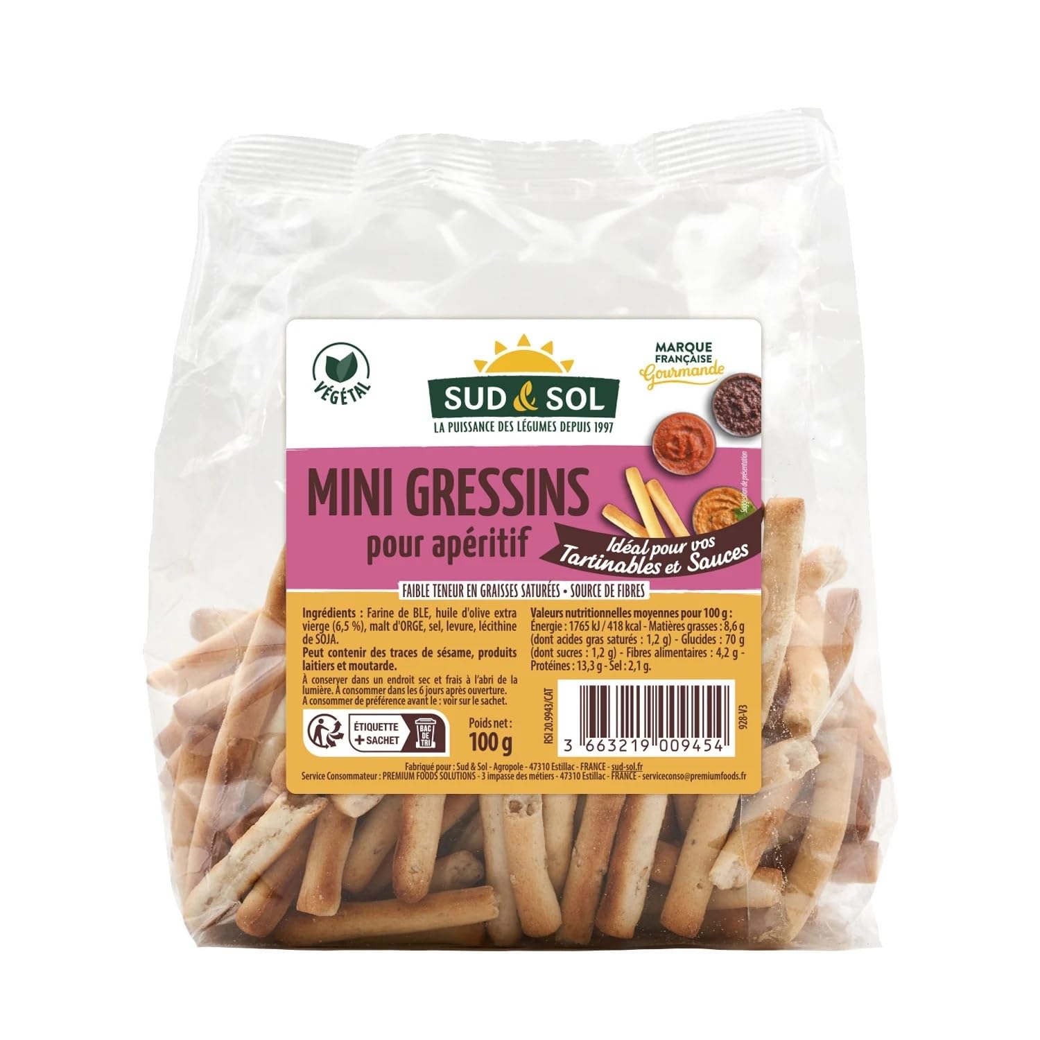 SUD & SOL - Mini Gressins - Végétal · Source de Fibres · Faible Teneur en Graisses Saturées · Craquante et Légère · Idéal Tartinables et Sauces - le paquet de 100g - Le Lot De 4