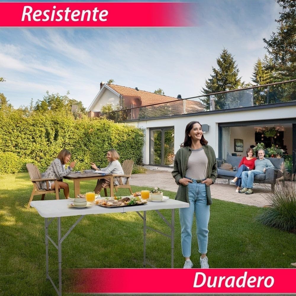 LOLAhome Mesa Plegable, Regulable en 3 Alturas, de Acero Anticorrosión y HDPE (De 122x60x74 cm) | Resistente, fácil Transporte, fácil Montaje | Ideal Acampadas, Picnic, Catering, Jardín, Terraza
