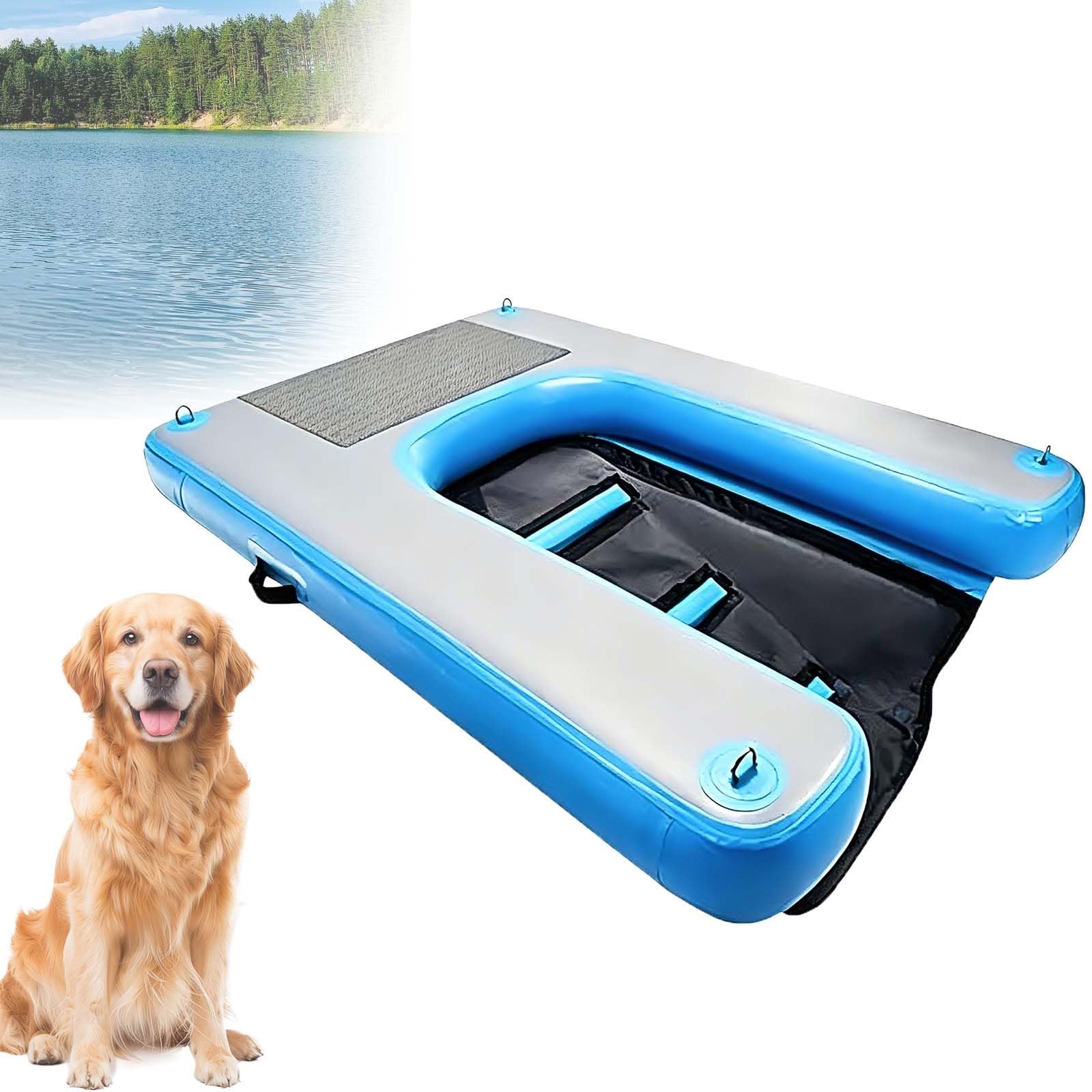 Dog Water Ramp, Universal Inflatable Dog Water Ladder, 150×100×10cm, Max 80 Kg, EVA Anti-Slip Surface, Scratch Resi-stant, With Storage Bag & Air Pump, For Pool, Lake, Beach, Yacht(Blue)