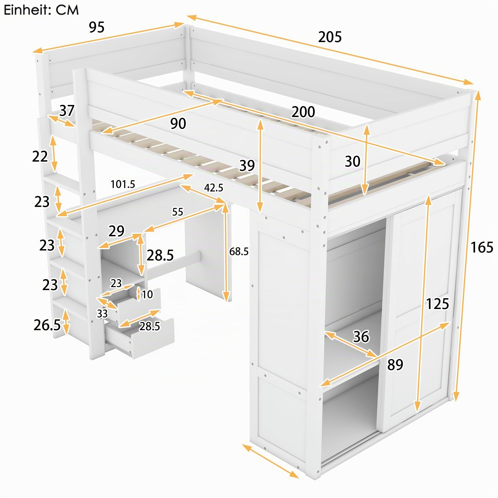 Moimhear 90x200cm Hochbett, vielseitiges Kinderbett, ausgestattet mit Kleiderschrank, Schreibtisch und Schubladen (Weiß)