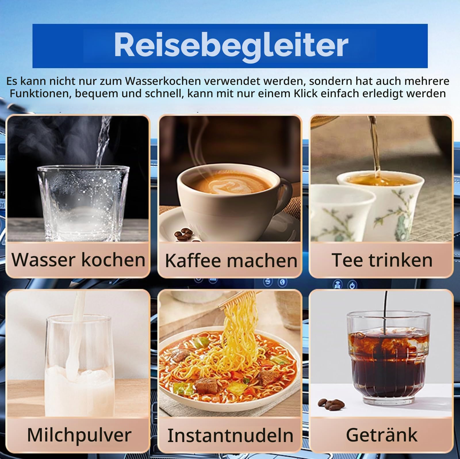 12V/24V Reise Wasserkocher Auto, 1,2 Liter Edelstahl Elektrischer Mobiler Reisewasserkocher mit Zigarettenanzünder Bis zu 100℃ mit LCD-Anzeige für Heißwasser Kaffee Tee, Auto LKW KFZ Camping