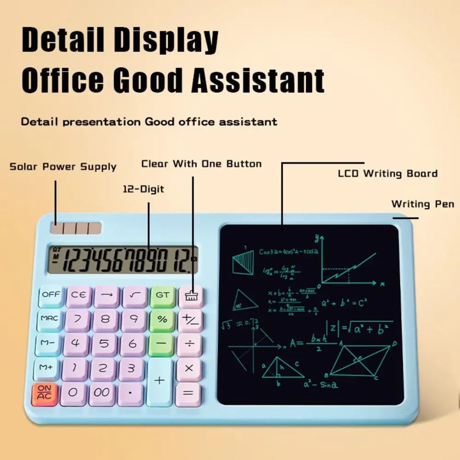 Calcolatrice Solare a 12 cifre Display LCD Grandi Dimensioni Calcolatrice con funzioni Standard con Lavagna LCD Doppio Alimentatore Solare Portatile per Studenti