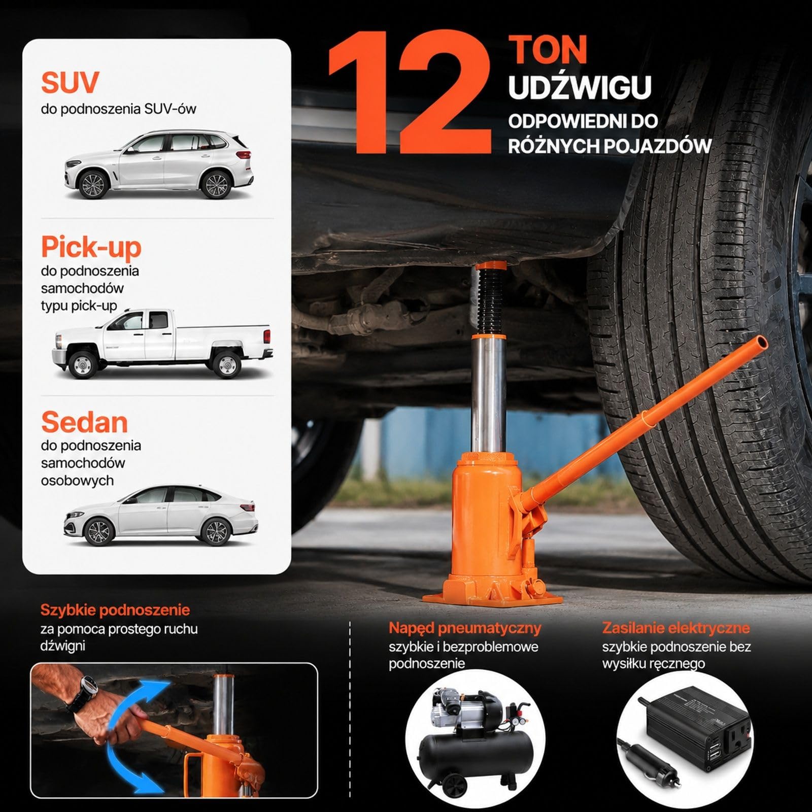Podnośnik hydrauliczny 12 t, zakres podnoszenia 205-400 mm, wytrzymały podnośnik butelkowy do samochodów osobowych, SUV-ów, pickupów, warsztatów samochodowych, podnośników domowych, sprzętu