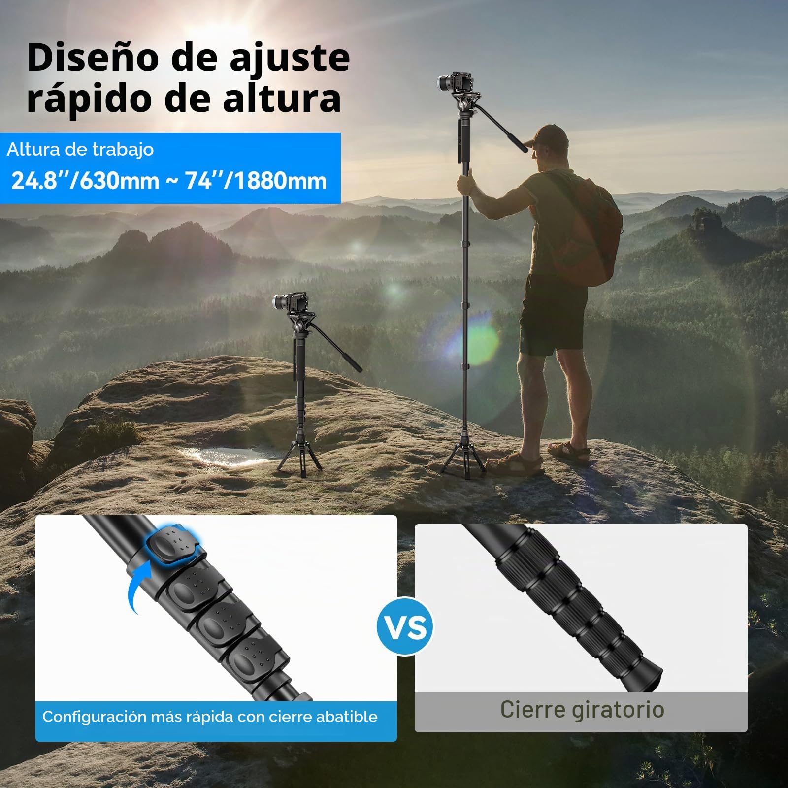 SIRUI 188cm Monopié de Cámara con Pies, Monopié de Viaje de Aluminio con Base de Trípode, Monopié de Vídeo Ligero con Cabeza de Fluido para Videocámara, Carga Máx. 8kg - AM-MDP02