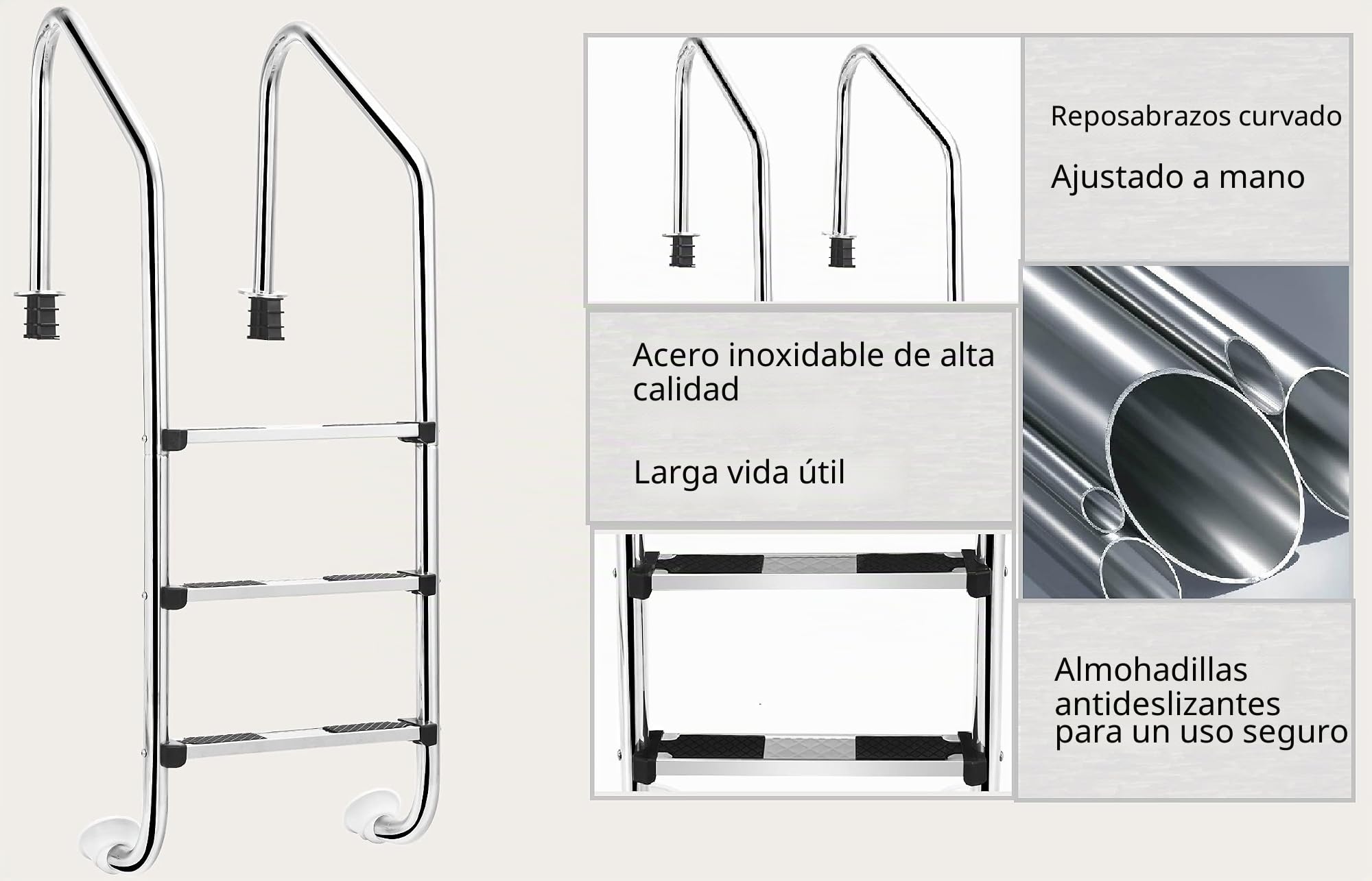 GIANTEX-Escalera para Piscina de Acero Inoxidable de 3 Peldaños, Antideslizante, Carga de 150 kg, Adecuada para Piscinas, Spas, 53 x 63,5 x 147 cm, Plateada