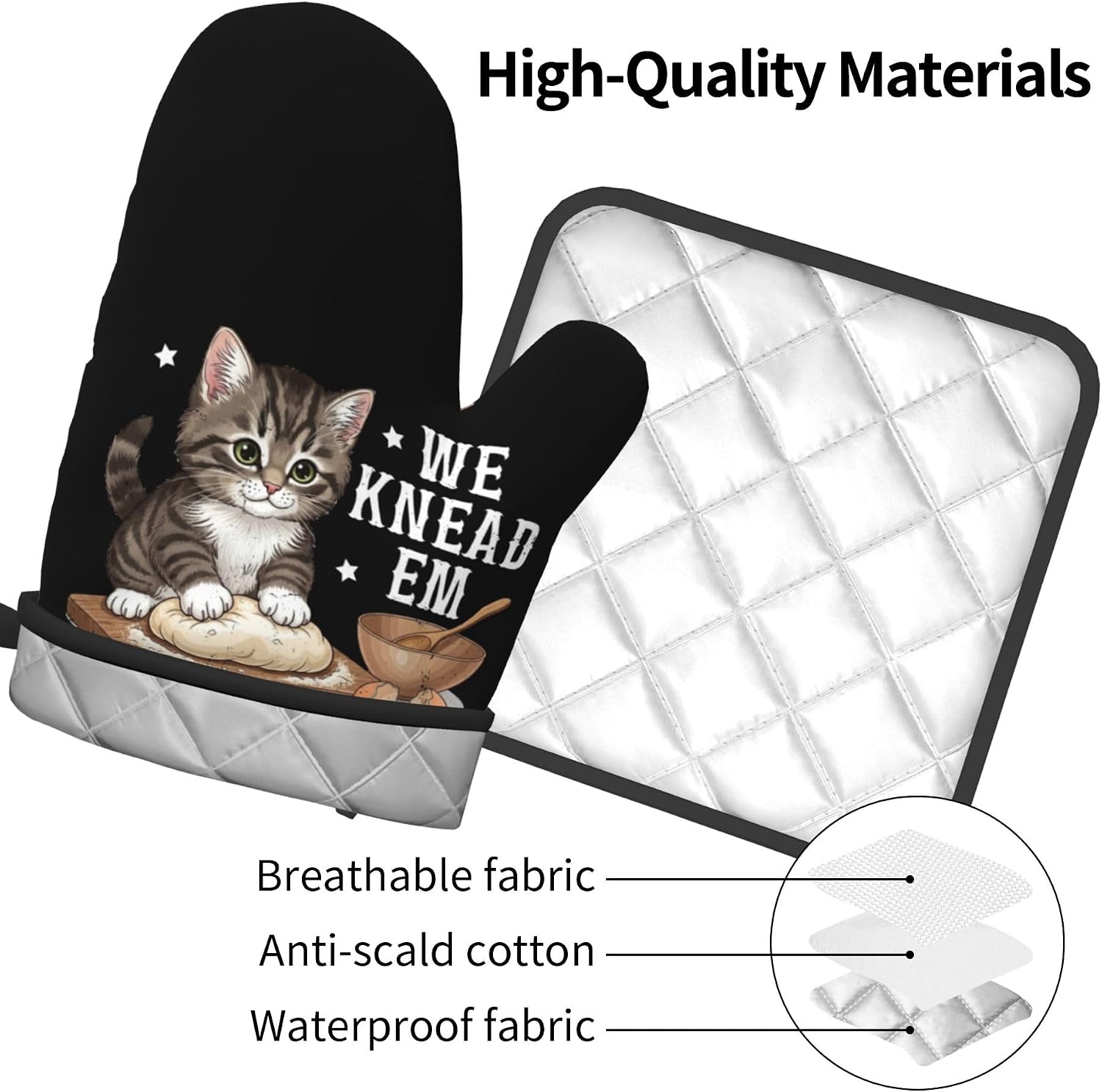 Oven Mitts and Pot Holder Set with Funny Cat Pattern for Cooking Baking image 2