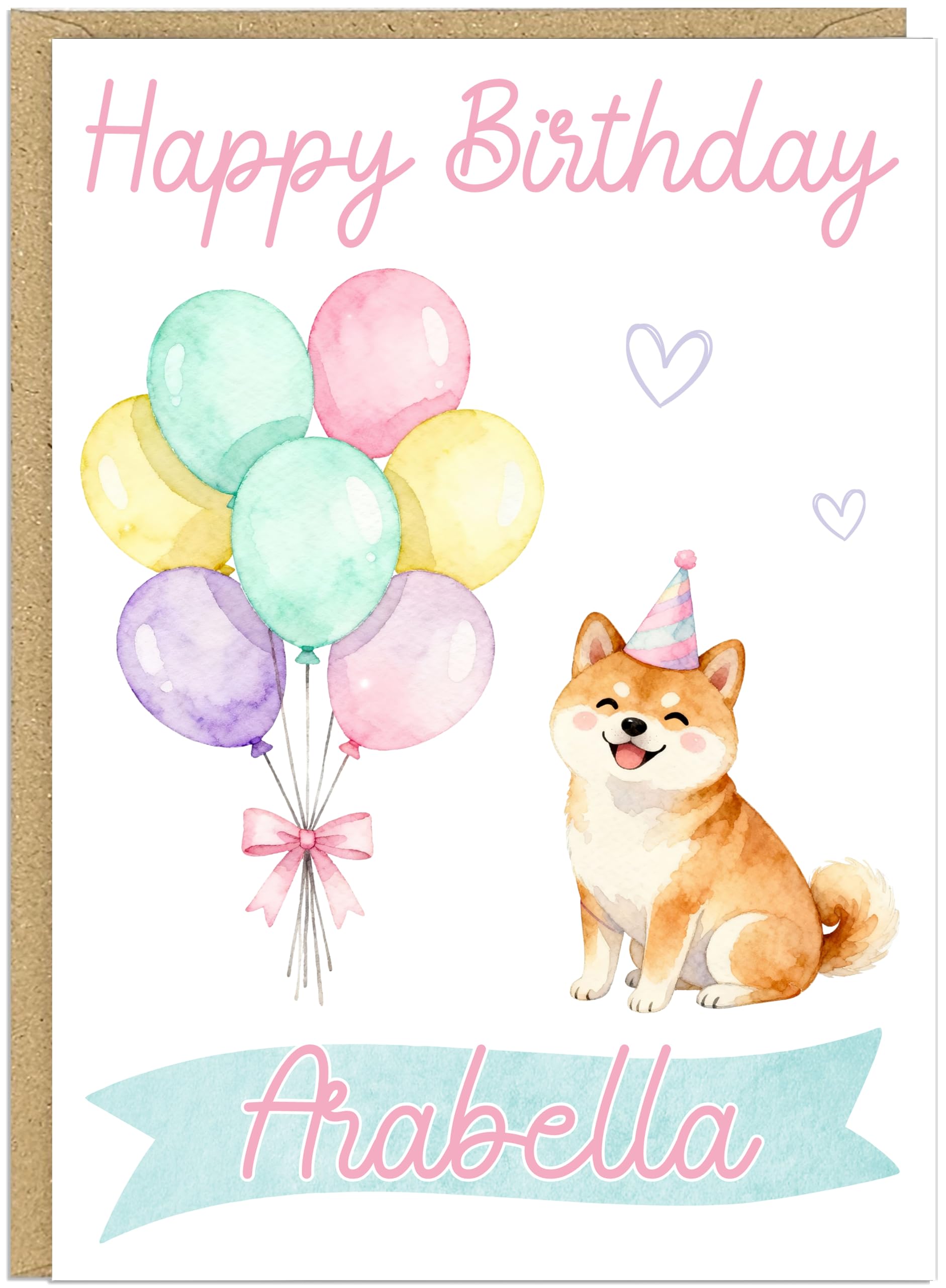 Personalised Happy Birthday Dog Breed Card - Custom Add Own Name Cute Puppy Dog Breed Design - Fun Pastel Puppy Birthday Greeting Cards for Girls Kids Teens Granddaughter (Shiba Inu)