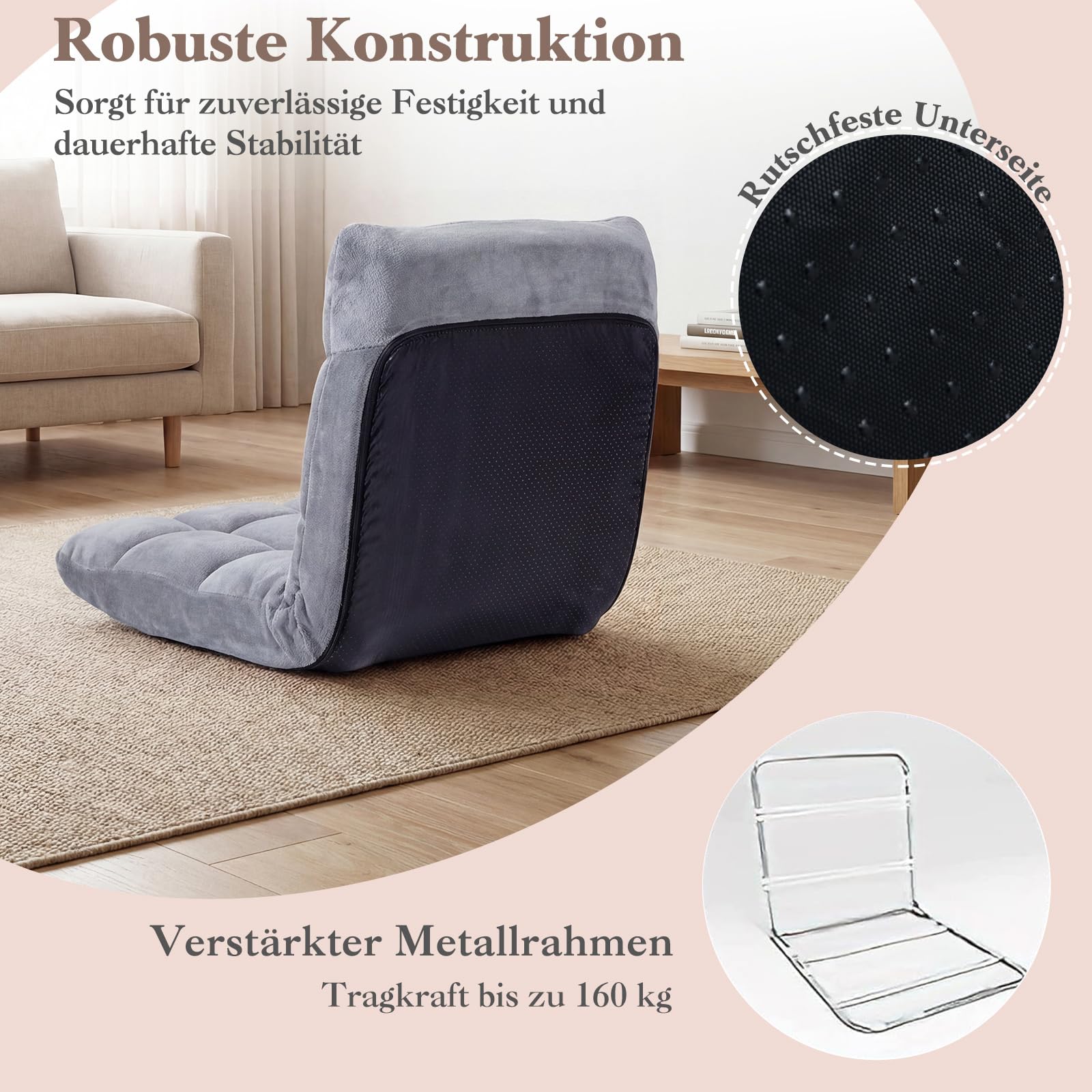 COSTWAY Bodenstuhl mit Verstellbarer Rückenlehne, Bodensessel gepolstert, Bodenkissen faltbar, Meditationsstuhl, Relaxsessel, Thaikissen für Freizeit, Meditation, Yoga (Grau)