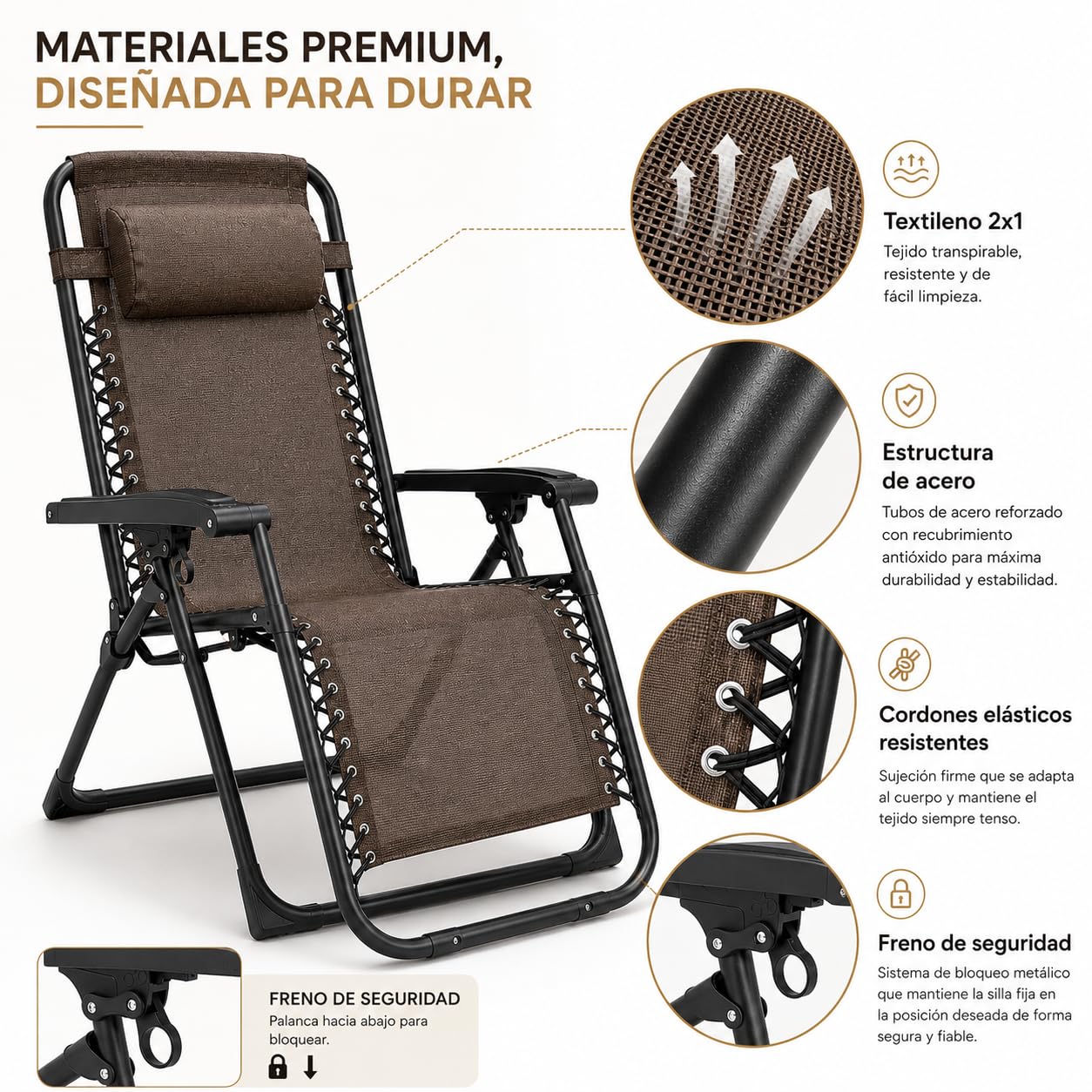 MARBUENO Tumbona Gravedad Cero Plegable Marrón con Reposacabezas, Silla Relax Exterior de Acero y Textileno Transpirable para Jardín, Terraza, Piscina y Camping 10007