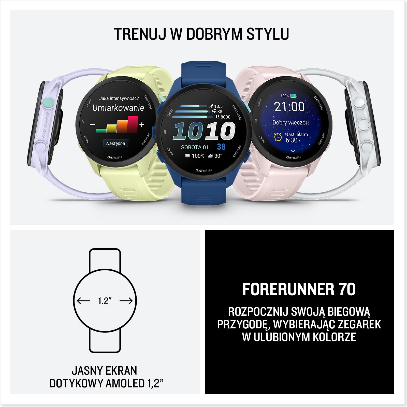 Garmin Forerunner 70 Smartwatch Do Biegania GPS, Amazon Exclusive, 43mm AMOLED, Do 13 Dni Pracy Baterii, Tidal Blue