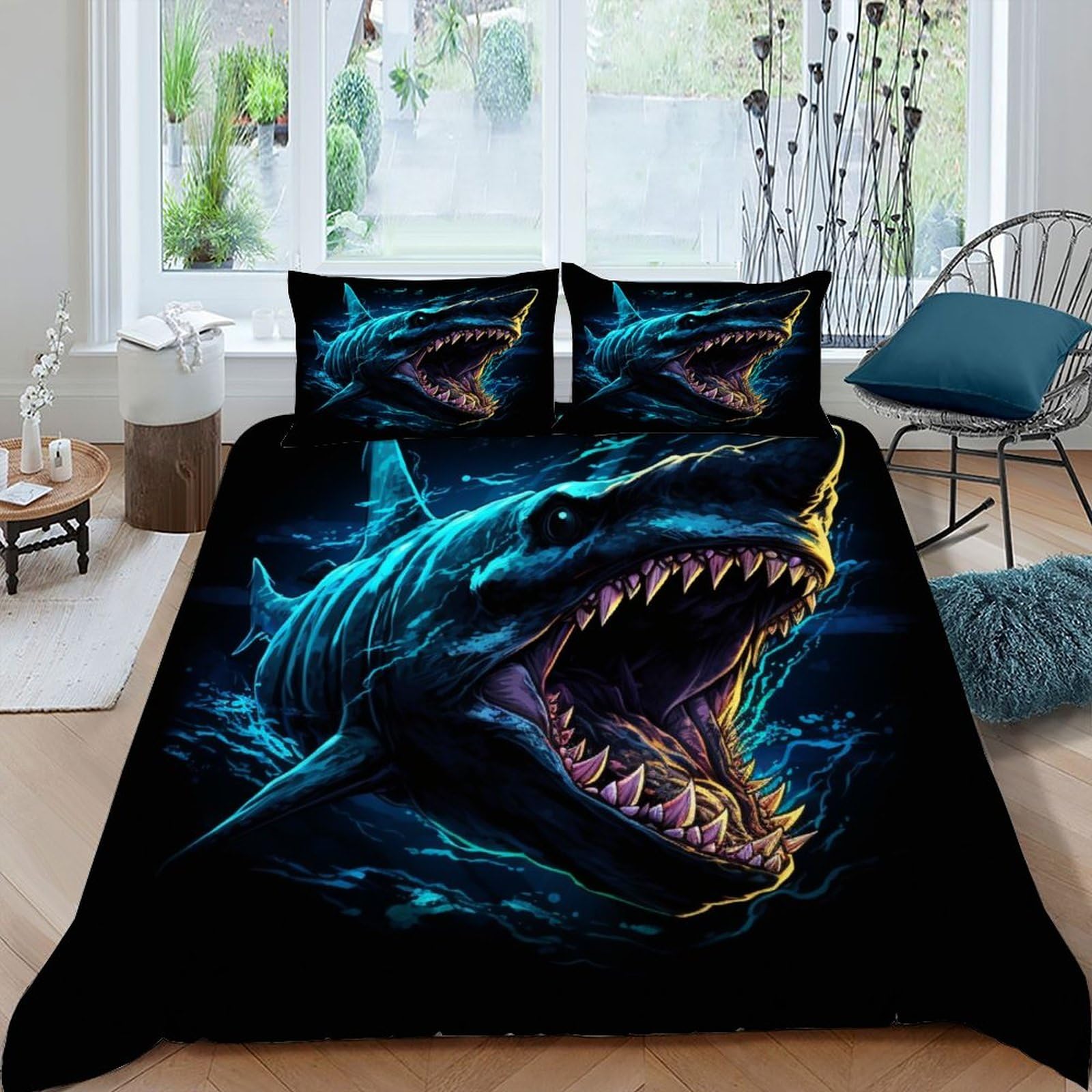 Housse de couette requin pour chambre enfant et adulte parure déco mer lit King 220x240cm