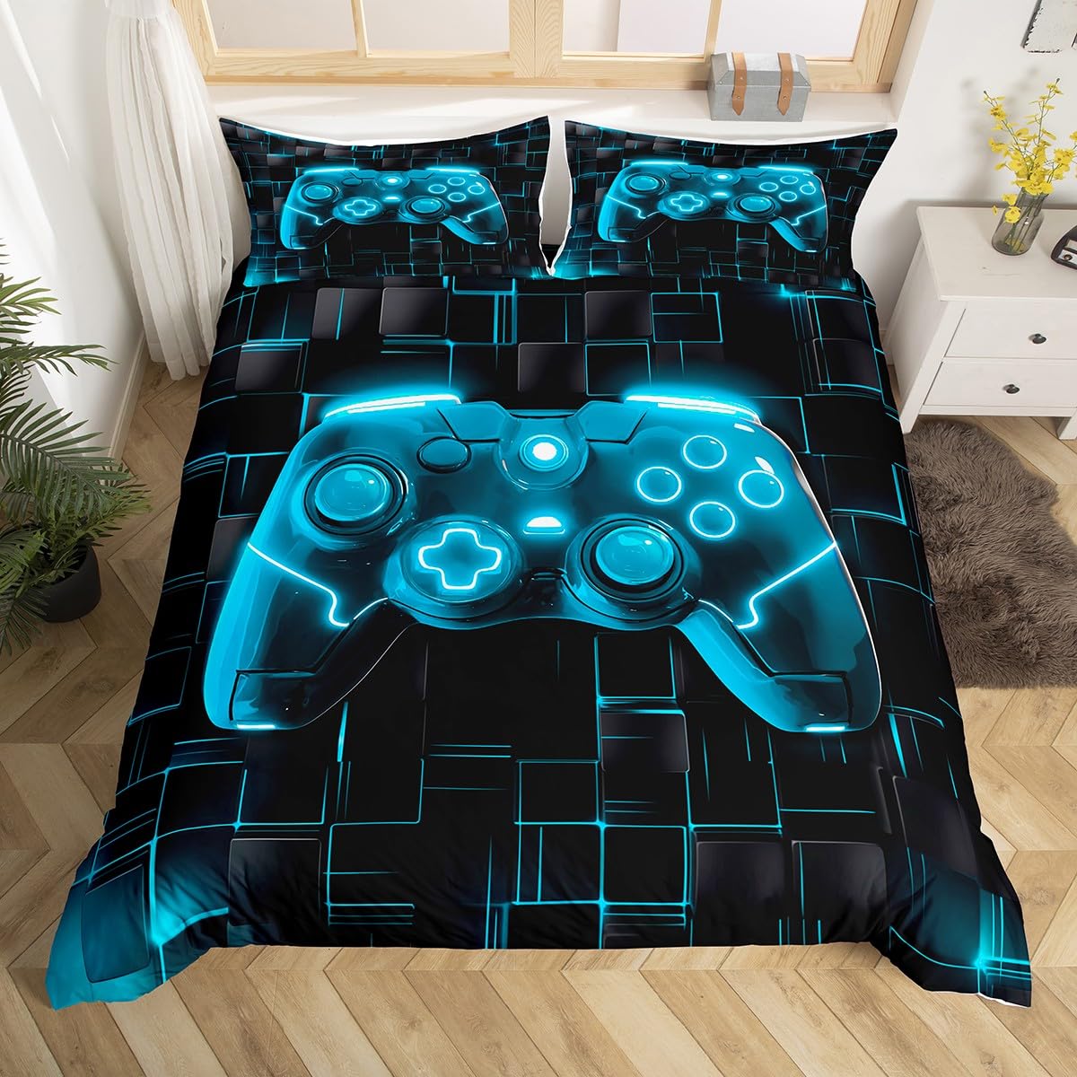 Parure de lit gamer 2 personnes avec housse de couette noire et bleue et 2 taies d'oreiller