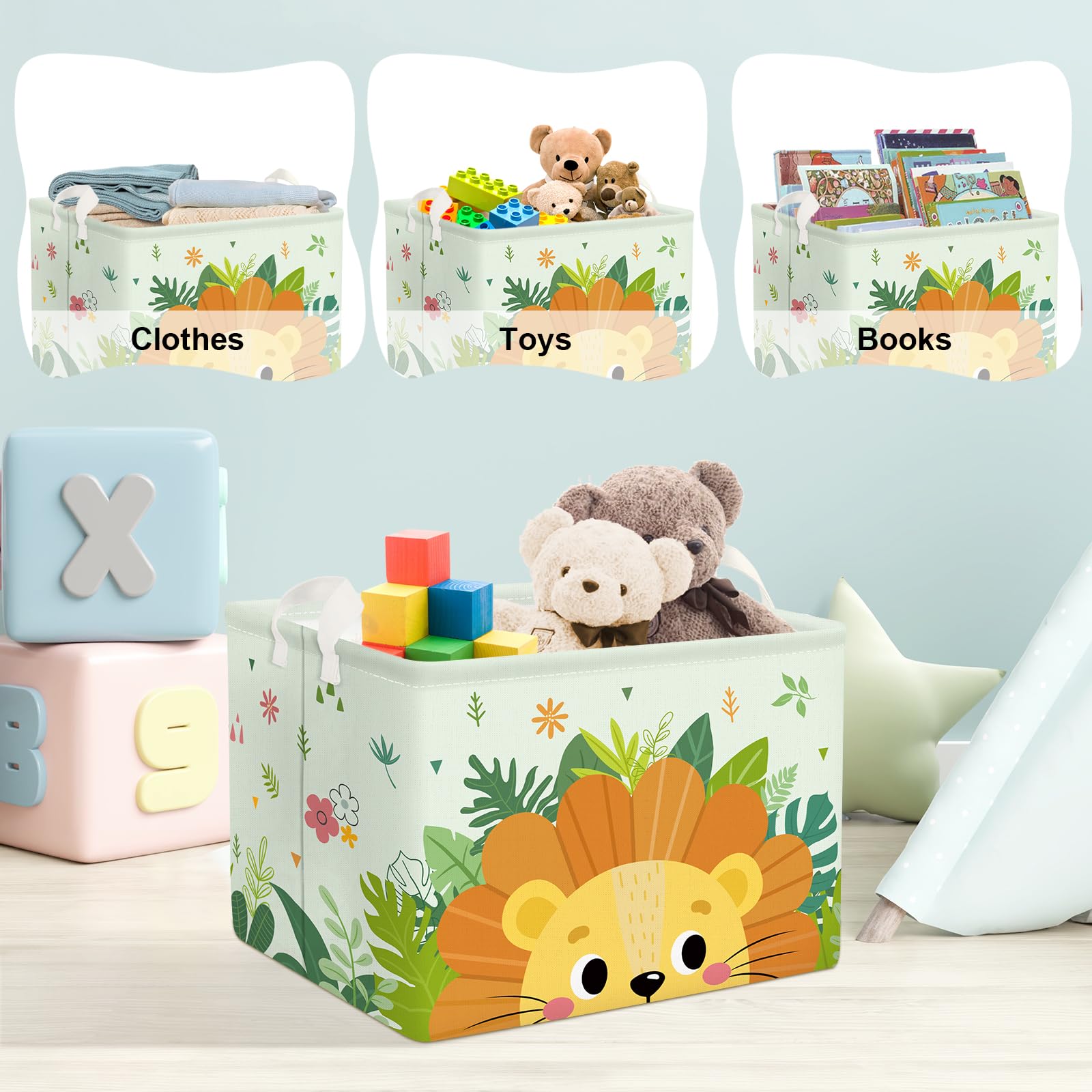 Cestino Portaoggetti 36L Con Leone | Verde Giungla | Pieghevole Per Bambini