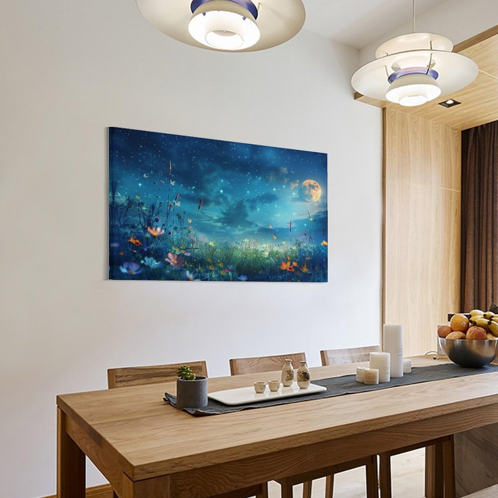 Amazon.co.jp: 絵画 美しい星空と月と夜の花畑 アートパネル