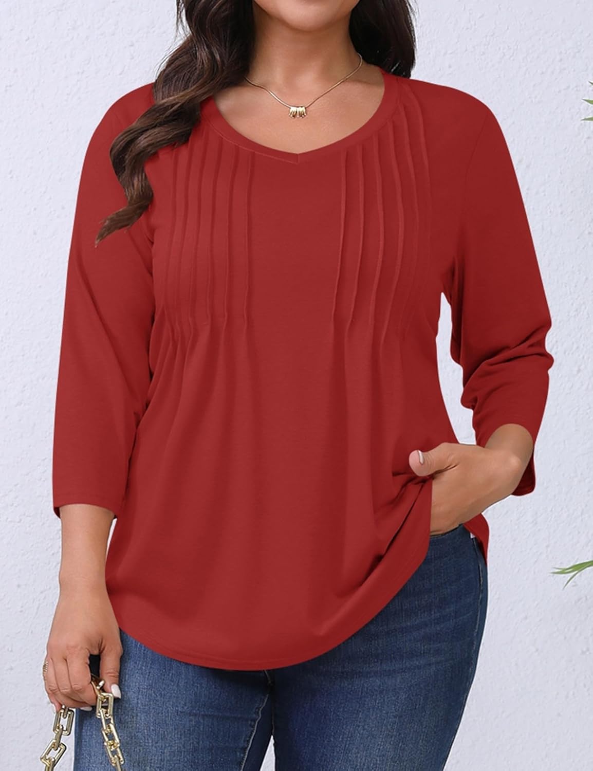 Romanstii Plus Size Tops for Women Womens 2026 Spring 3/4 Sleeve Blouses Dressy Casual V-Neck T-Shirts Pleated Tunic XL-5XL - Image 2