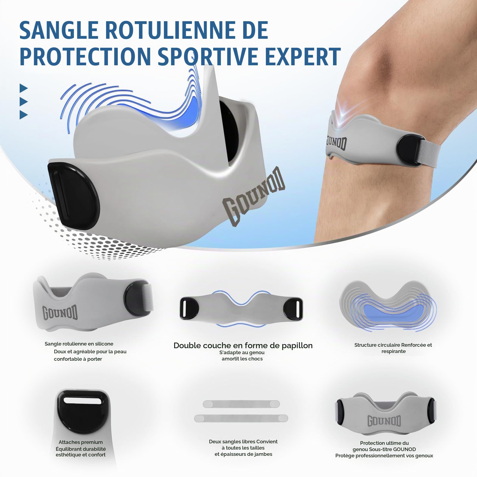 GOUNOD Lot de 2 sangles de soutien du tendon rotulien, en silicone pour soulager la douleur du genou, bande rotulienne pour basket-ball, tendinite, course, randonnée, football, Osgood Schlatter, gris