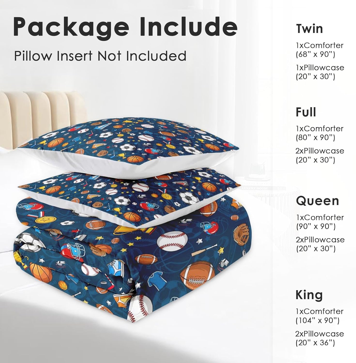 Queen Size Bedroom Comforter Set with 2 Pillowcases, Blue Sports Hat Baseball Basketball Football, Bedding Decor Navy Rugby Ball 3D Soccer Hockey Soft Cozy Bed Set for Kids and Adults