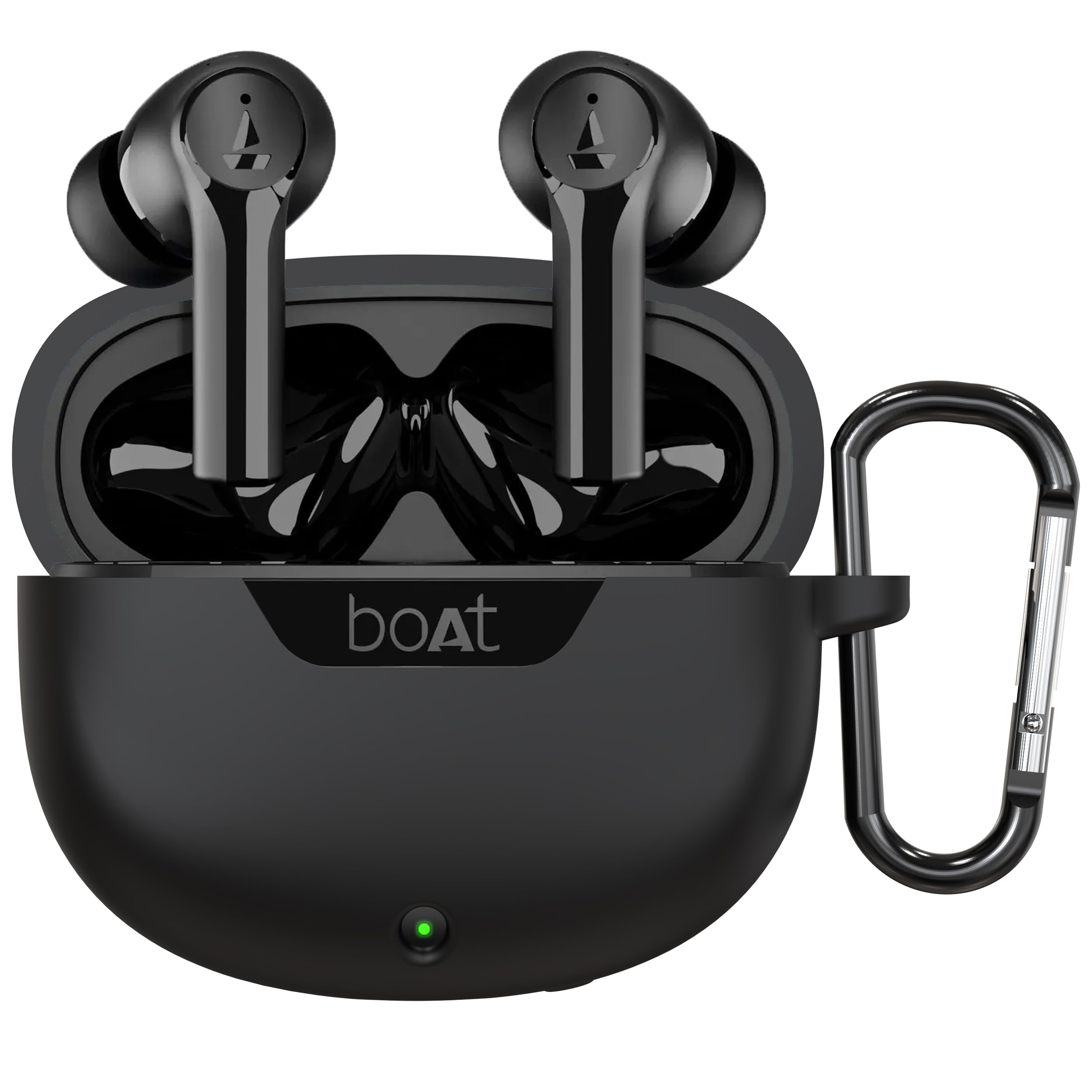 Sounce Earphone Case Cover for Boat Airdopes 300 Premium TWS Soft Silicone Skin Case Cover Shock Absorbing Protective Case with Keychain [Front LED Visible] - Black