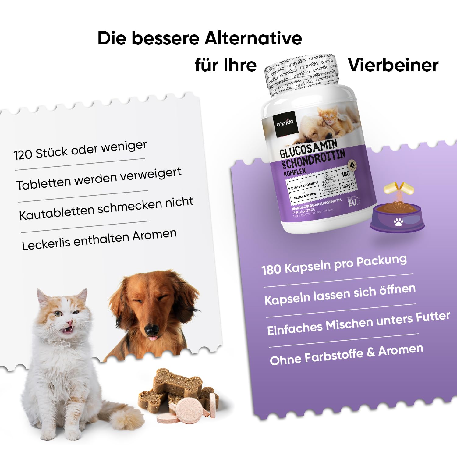 Glucosamin Chondroitin Komplex - 180 Kapseln - Knorpelaufbau, Gelenke & Knochen - Gelenkkapseln Hunde & Katzen - Mit Kurkuma, Ingwer, Vitamin C - Alternative zu Gelenktabletten, Grünlippmuschelpulver