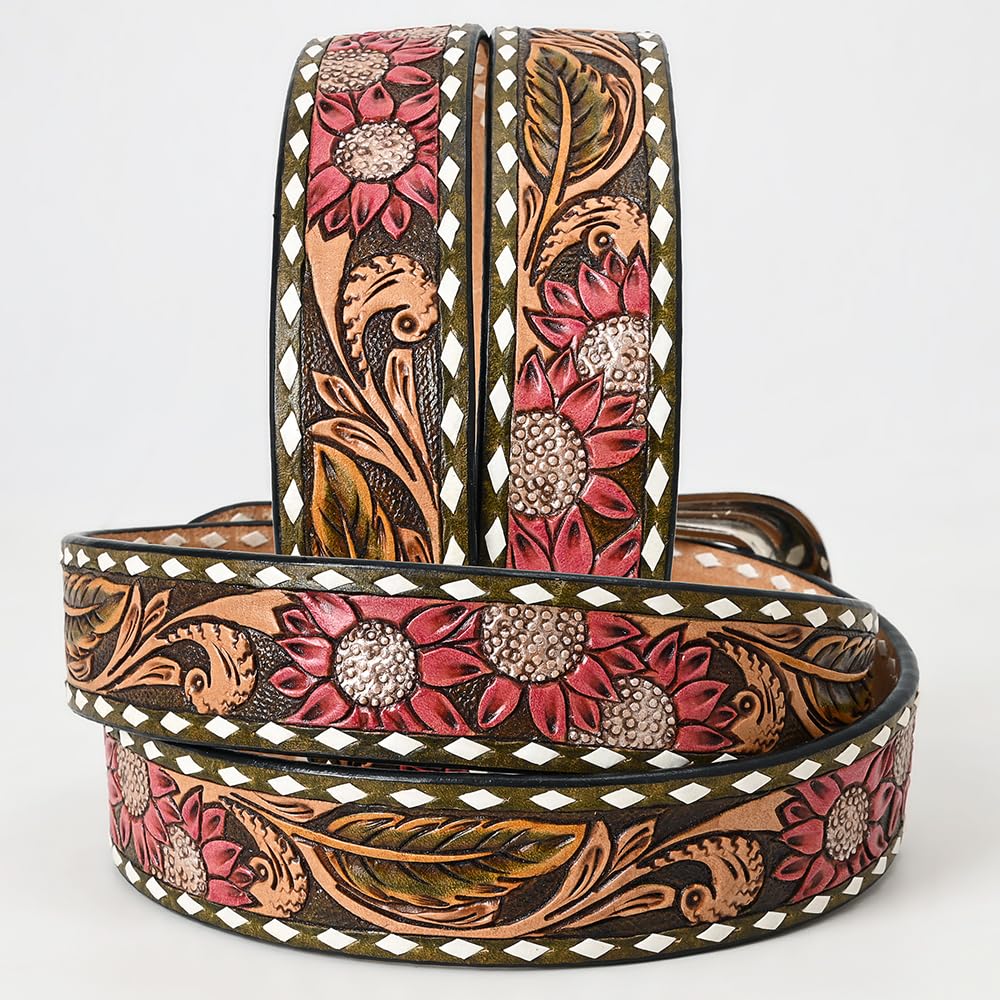 American Darling Beautifully Hand Tooled Green Genuine American Leather Belt Men and Women Western Belt with Removable Buckle