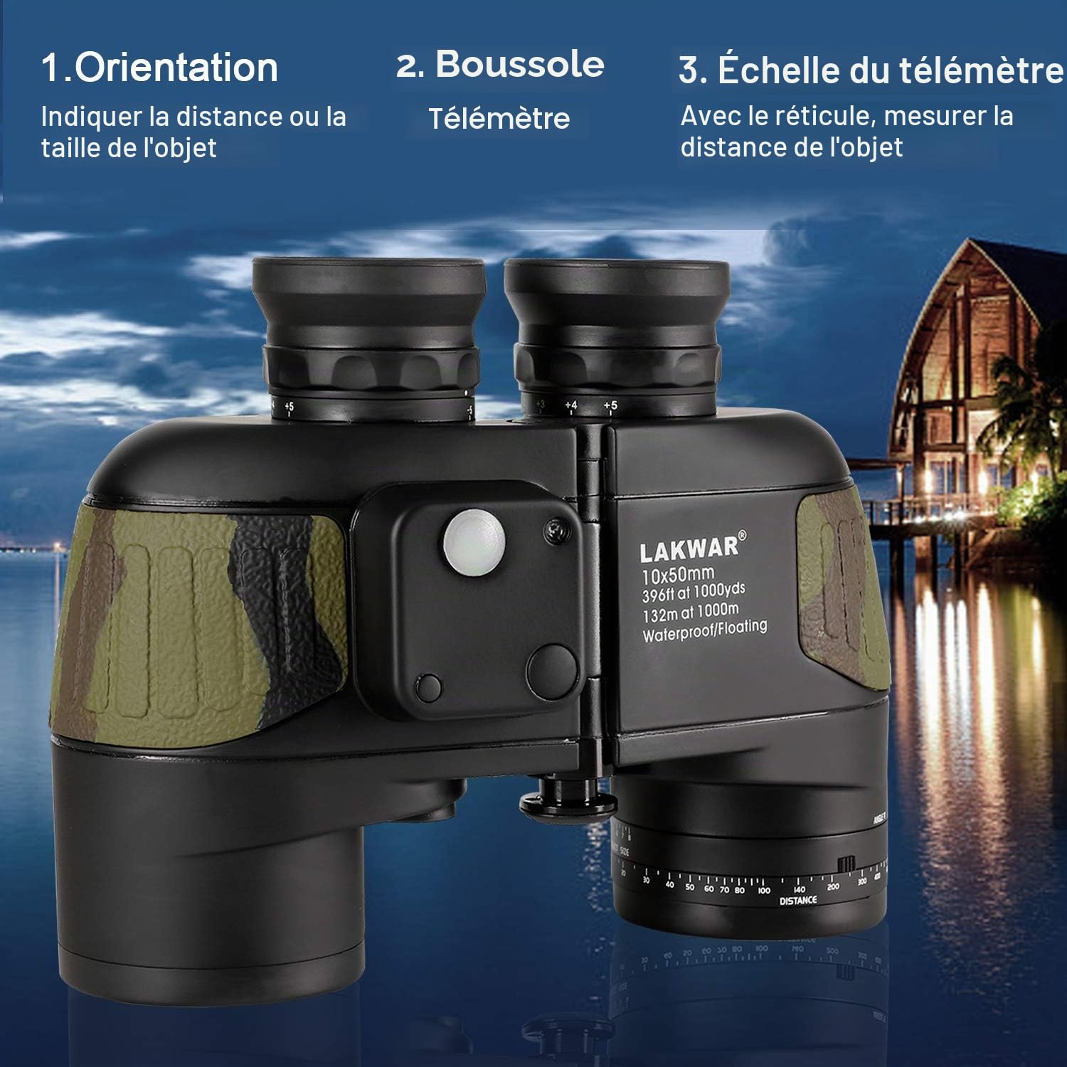 LAKWAR Jumelles Marines compactes 10 x 50 pour Adultes avec télémètre, Boussole de Haute qualité, Prisme BAK4, étanche, antibuée pour l'observation des Oiseaux, la Chasse