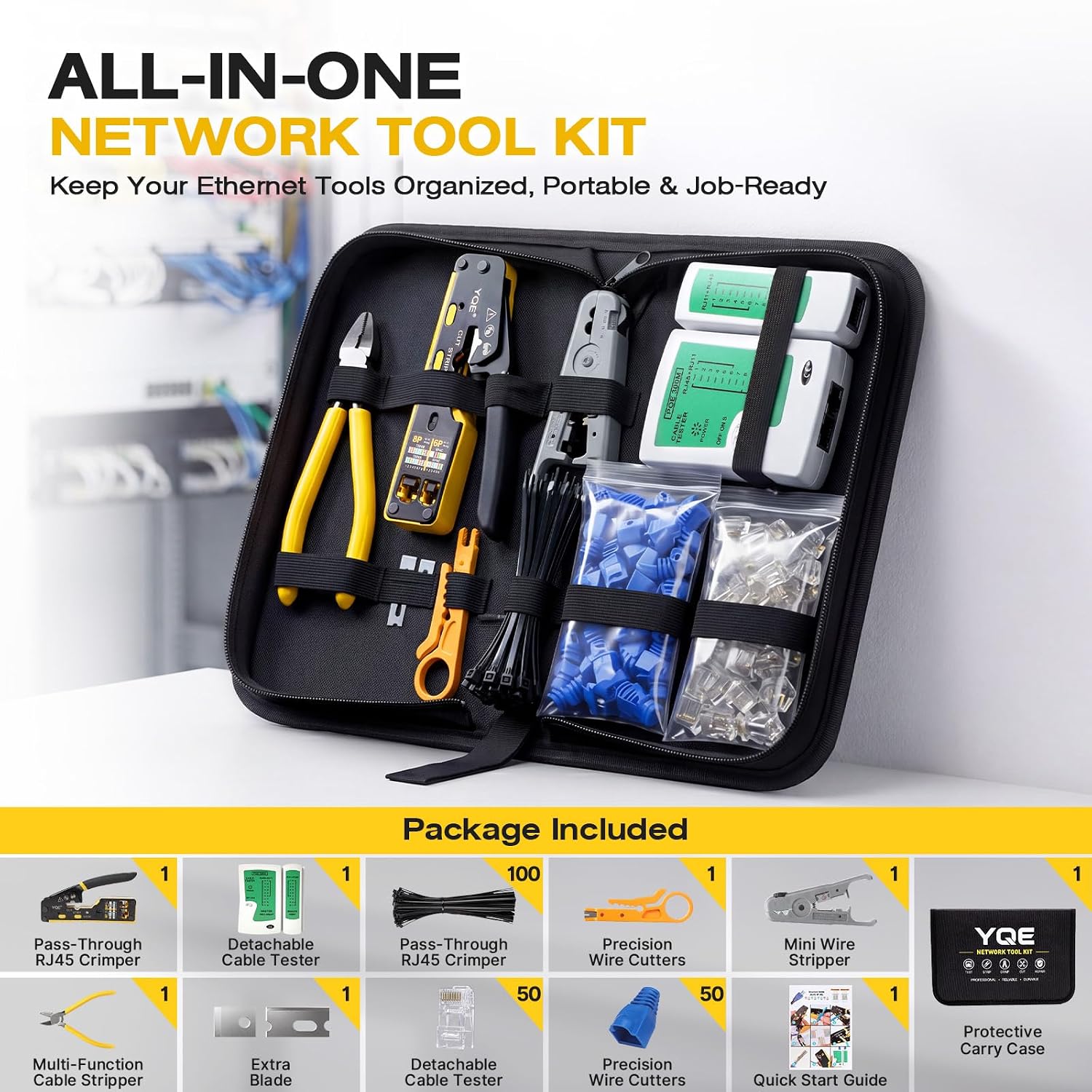 RJ45 Crimp Tool Kit, Pass Through Ethernet Crimper, Crimping Tool, Network Tool Kit for Cat5, Cat5e, Cat6, RJ45, RJ11, RJ12 w/Carrying Case, Cable Tester, Stripper, Cutter, 50 Connectors & Boots