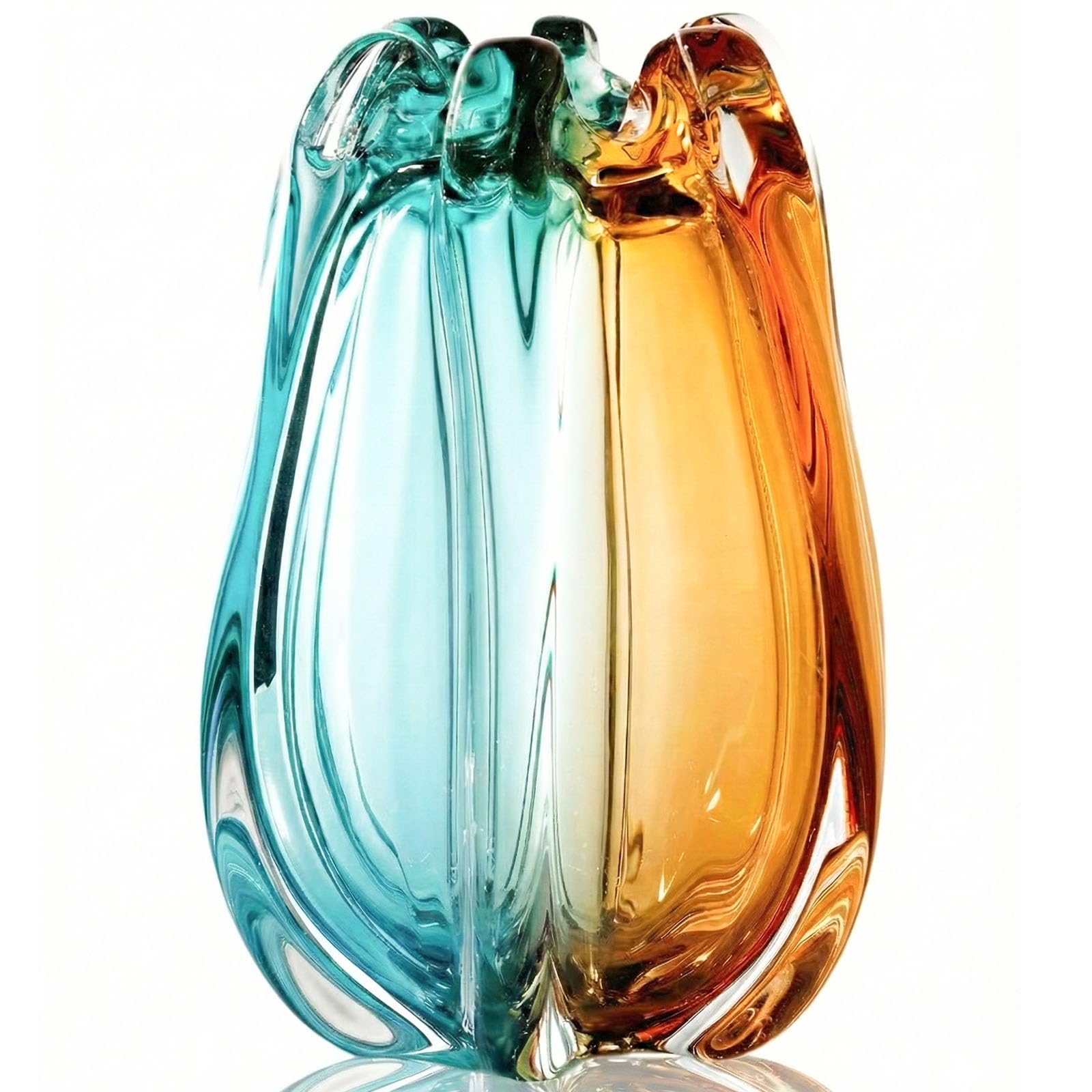 Vase décoratif en Verre d'art soufflé à la Main — Grand Vase à Fleurs Lourd et à Large Ouverture — Style Art déco (Murano) : Teinte Sarcelle et Ambre (19cm)