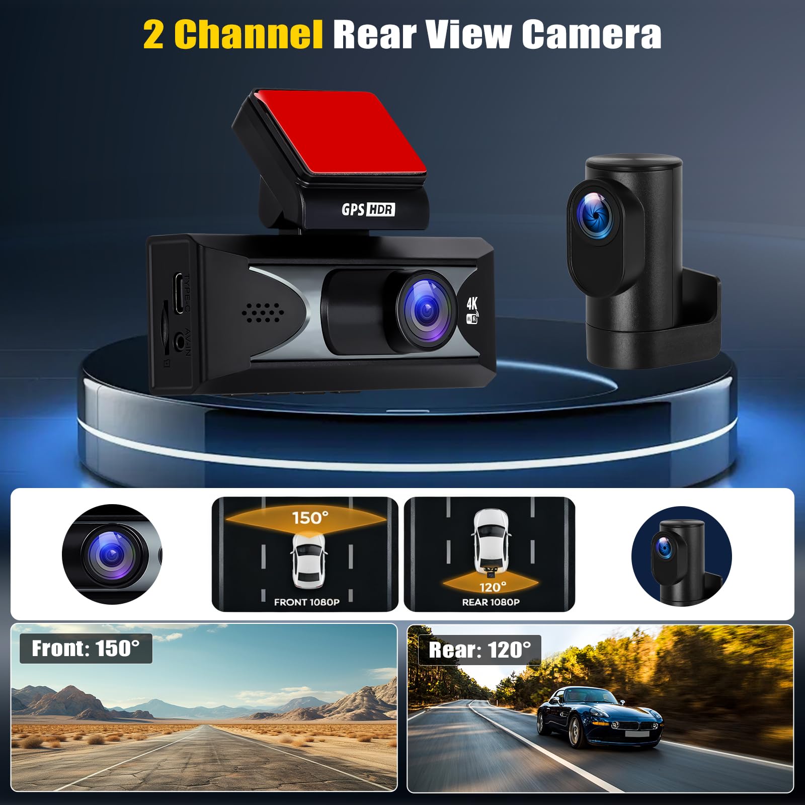 4K + 2,5K Cámara para Coches, Delantera y Trasera, Pantalla IPS de 3,16 Pulgadas, WiFi y GPS de 5 GHz Integrados, ADAS, Sensor G, Visión Nocturna Superior, Grabación en Bucle