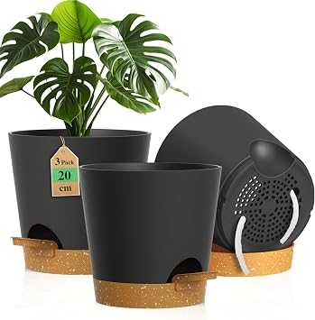 WSMKSZ 20 cm Self Watering Plant Pots Indoor Outdoor, 3 Pack 8 inch Thick Plastic Flower Pots with Drainage Holes & Removable Reservoir, Medium Planters with Cotton Wick for House Plants, Black Brown