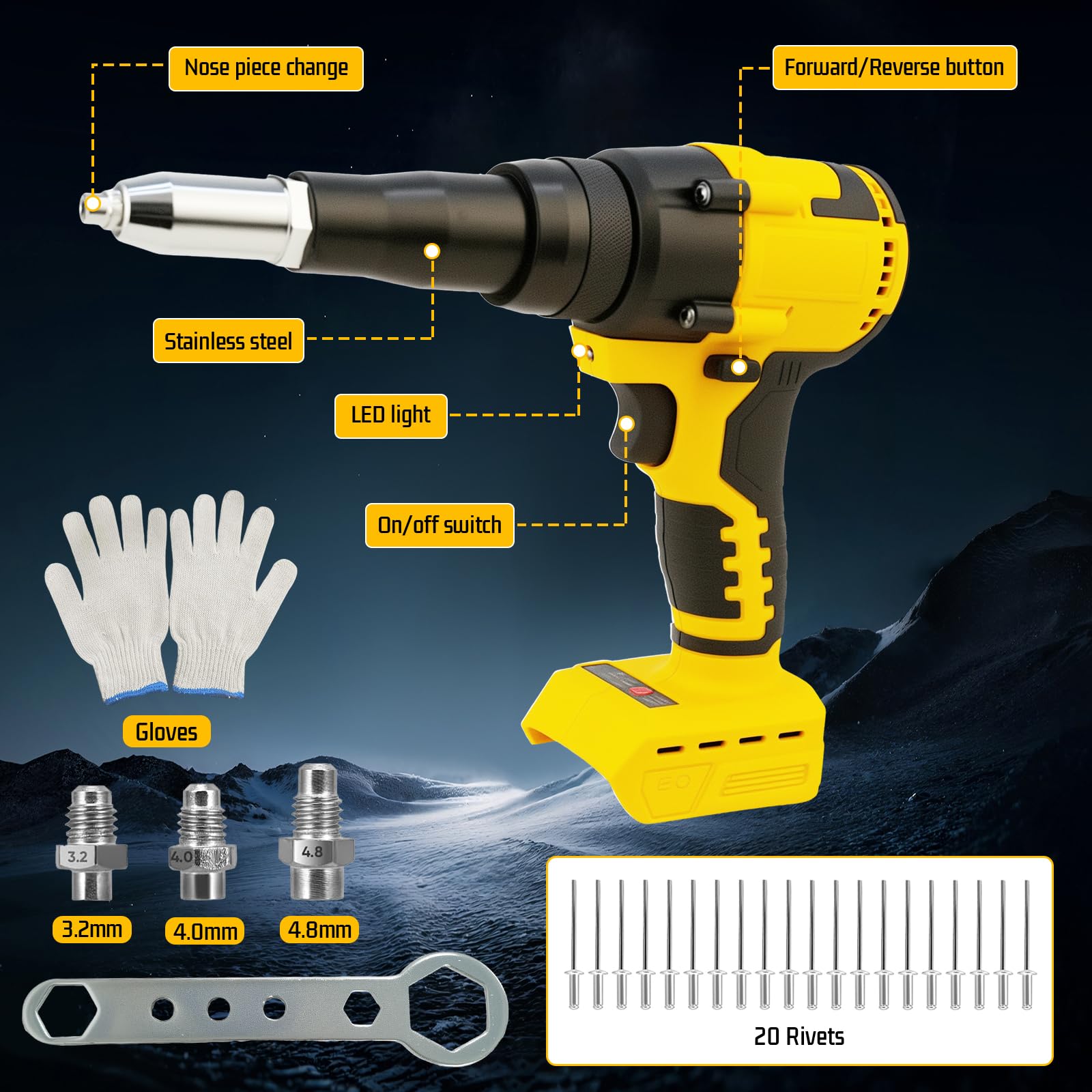 LIROPAU Pistola Remachadora Inalámbrica Compatible con Batería Dewalt 20V, Kit de Pistola Remachadora Automática Portátil de 0,6 cm, 3/16", 5/32", con Luz LED, 20 Remaches, 3 Adaptadores y Guantes