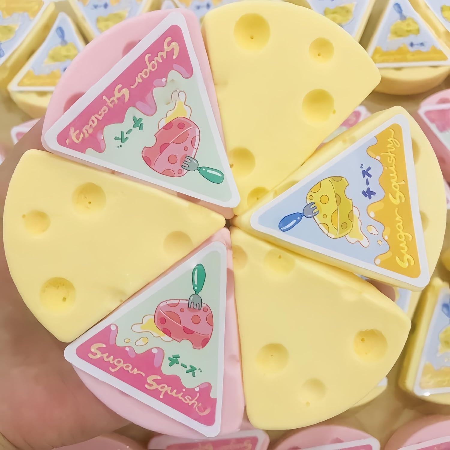 2-Pack Cheese Squishy Toys, Soft Sticky Slow Rising Squishy Set for Stress Relief, Cute Double Color Pink and Yellow Food Squishies for Desk Decor or Gift