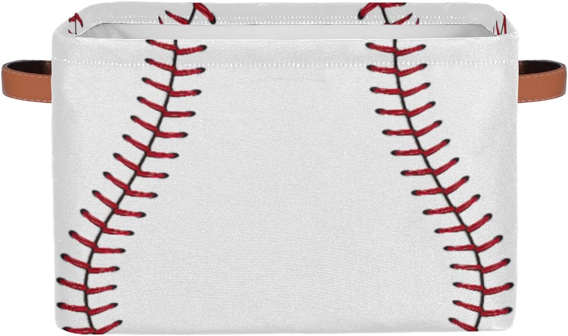 Baseball Stitches Laces Print Storage Basket Cube Collapsible Canvas Sport Ball Print Storage Bin for Organizing Shelves, Pantry, Closet, Girls Room, Clothes, Toys