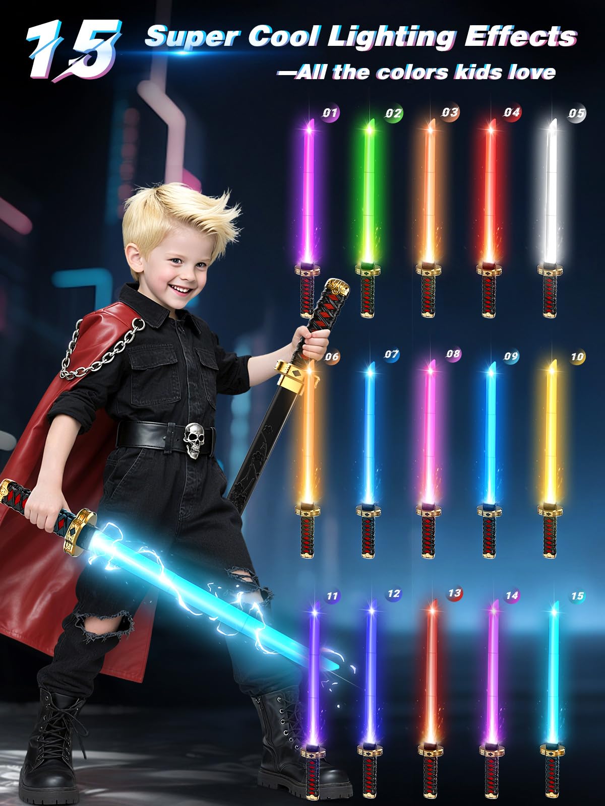 VATOS 2 Sabres Laser Ninja pour Enfants, LED Ninja Sword RGB 15 Couleurs avec étui et Effets Sonores de Combat, Jouets Sabres Laser Rechargeables par USB pour Cosplay, Noël, Halloween et Fans d'anime