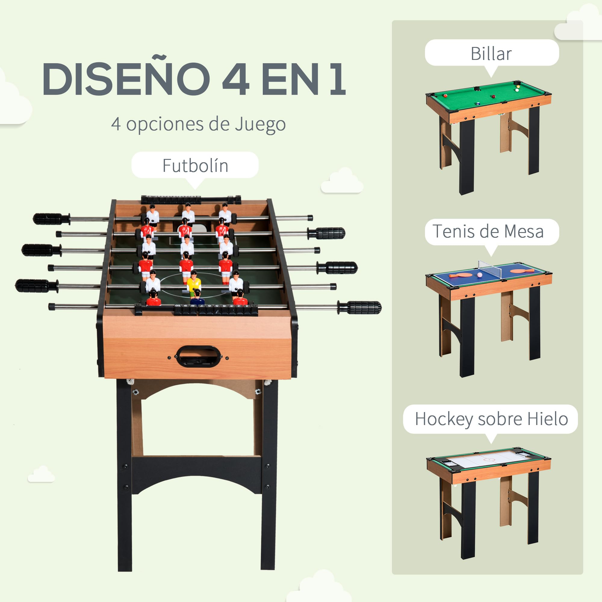 HOMCOM Mesa Multijuegos 4 en 1 para Niños +6 Años Mesa de Juego con Futbolines, Mesita de Billar y Ping-Pong 92x78x80 cm Natural y Negro