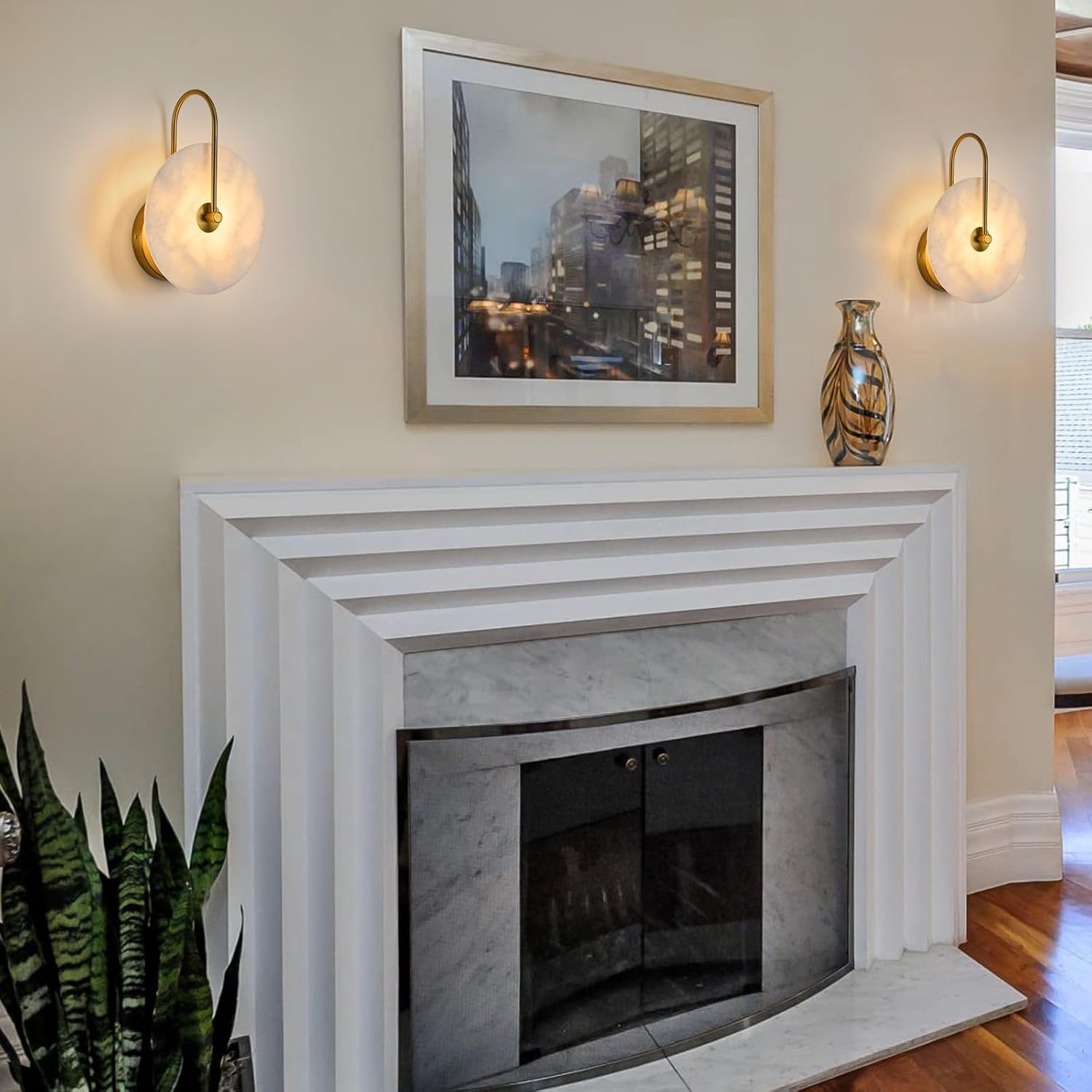 Round Alabaster Wall Sconce, Natural Marble Lampshade Wall Sconce, Hardwired Circular Sconce LED Modern Wall Lamp for Bedroom, Stairs, Living Room, Bedside, Hallway 9.84 Inch Gold