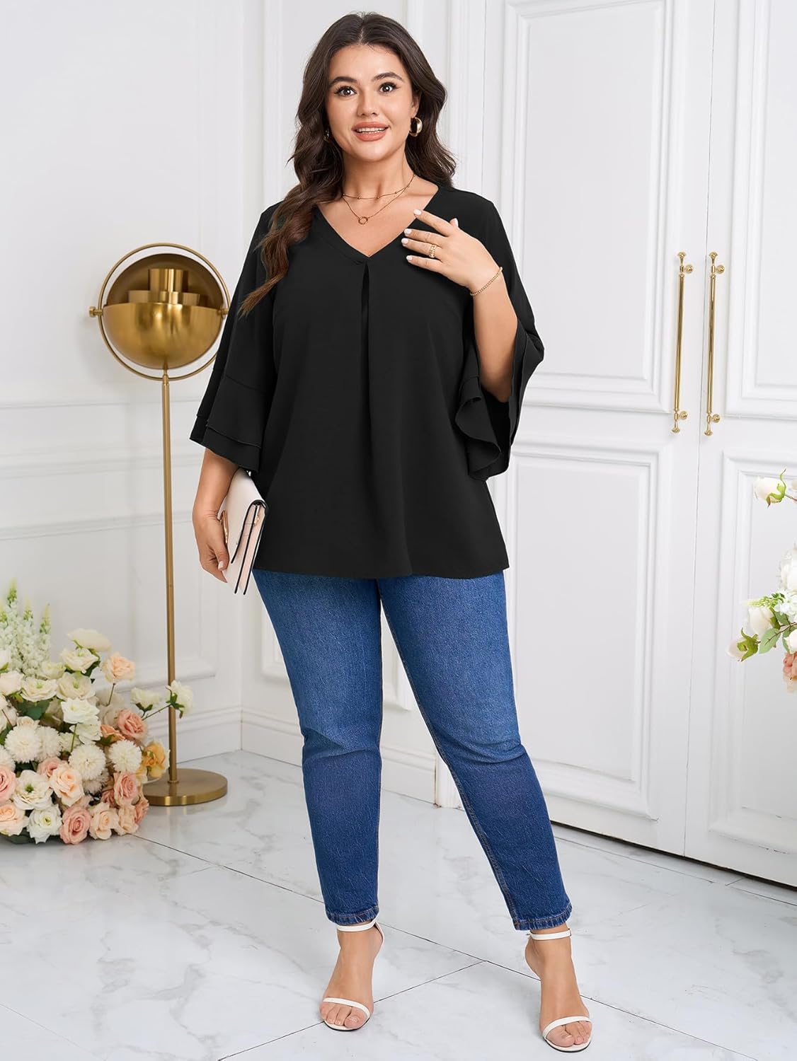 SCOMCHIC Plus Size Blouses for Women Dressy Casual 3/4 Tiered Bell Sleeve V Neck Elegant Shirts Work Tunic Tops - Image 5
