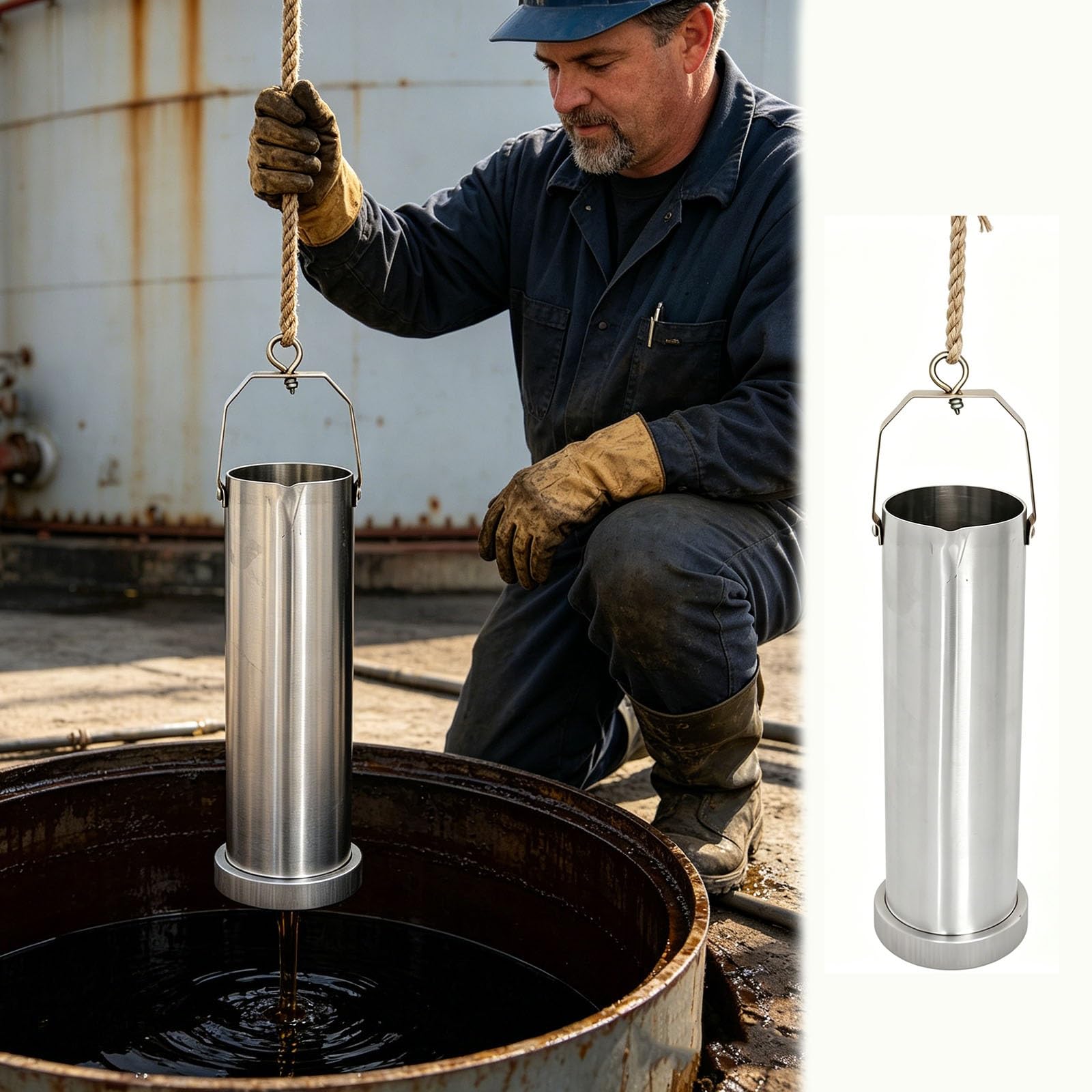 HDYZJQ Portable Oil Sampling Tool/Analysis Tool for Refinery Fuel Detection/Petrol Station, Oil Tank Sampler Set with Rope, Deep Liquid Sampling Container(Stainless steel,35 fl oz/1000ml)
