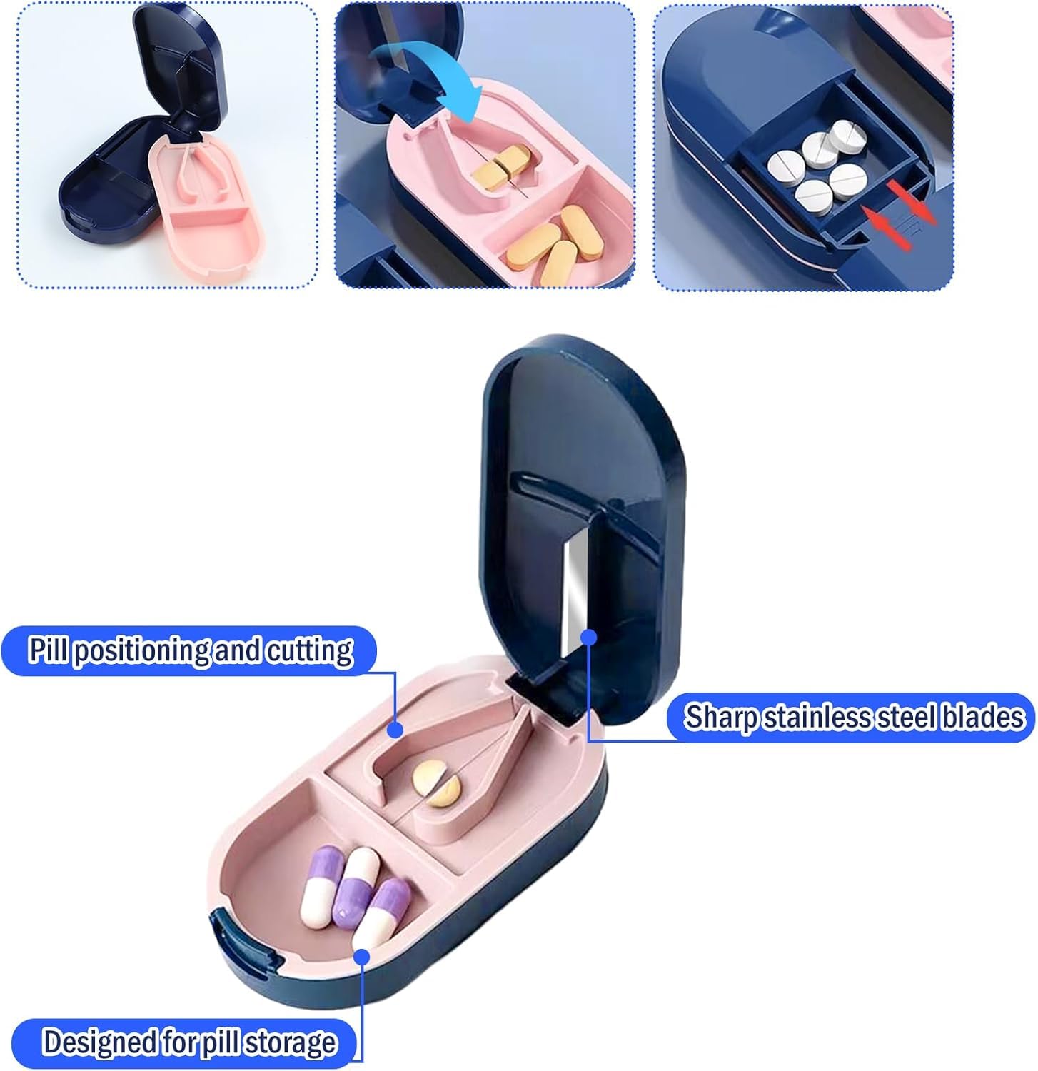 Digolex Portable Pill Box Tablets Cutter – 2-in-1 Pill storage Organizer and pill cutter for Small & Large Tablets – Compact Pill Storage for Daily Use, Travel, Pocket or Purse (Blue) 3