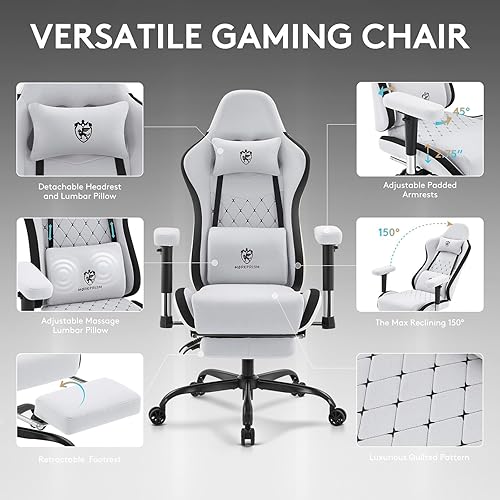 Miniatura 4 de Silla de juegos de tela transpirable, silla de oficina para computadora con reposapiés, soporte lumbar de masaje y almohadilla de gel, silla