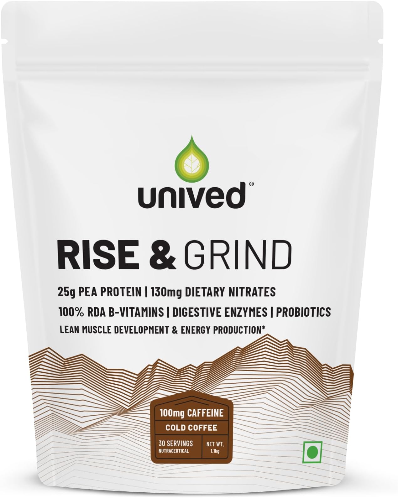 Unived Rise & Grind | Vegan Pea Protein for Athletes | 25g Pea Protein 140mg Nitrates, B-Vitamins, & Caffeine | Lean Muscle Development & Active Performance | 30 Servings