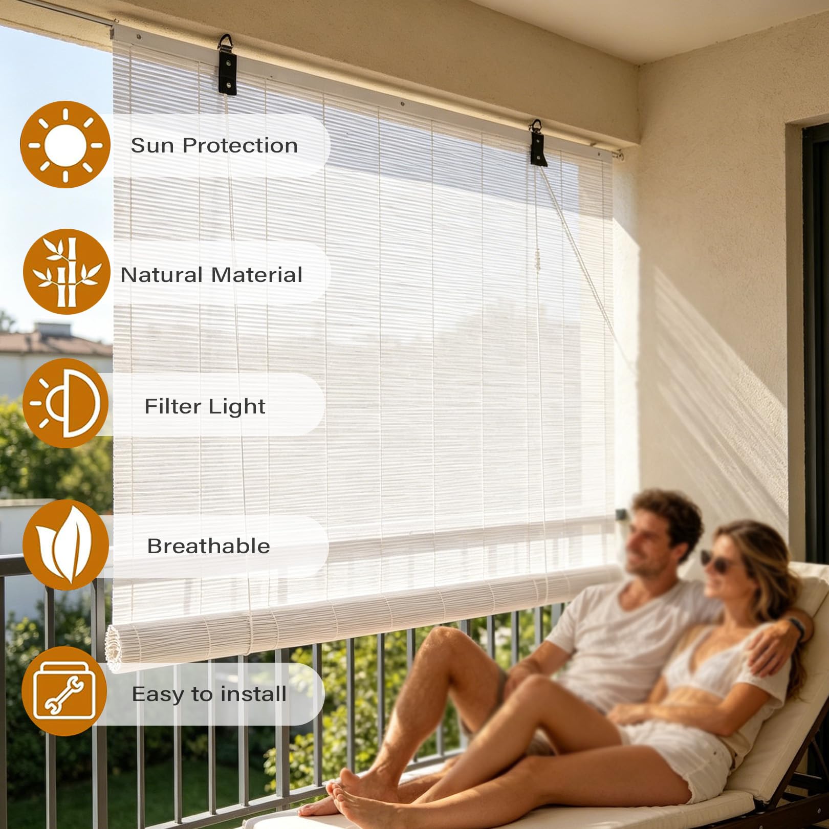 110x110cm Store Enrouleur Occultant en Bambou Blanc,Protection UV | Naturel Respirant Store Filtrant la lumière pour fenêtre Balcon,Rideau de séparation pour Salon Bureau Salle de thé