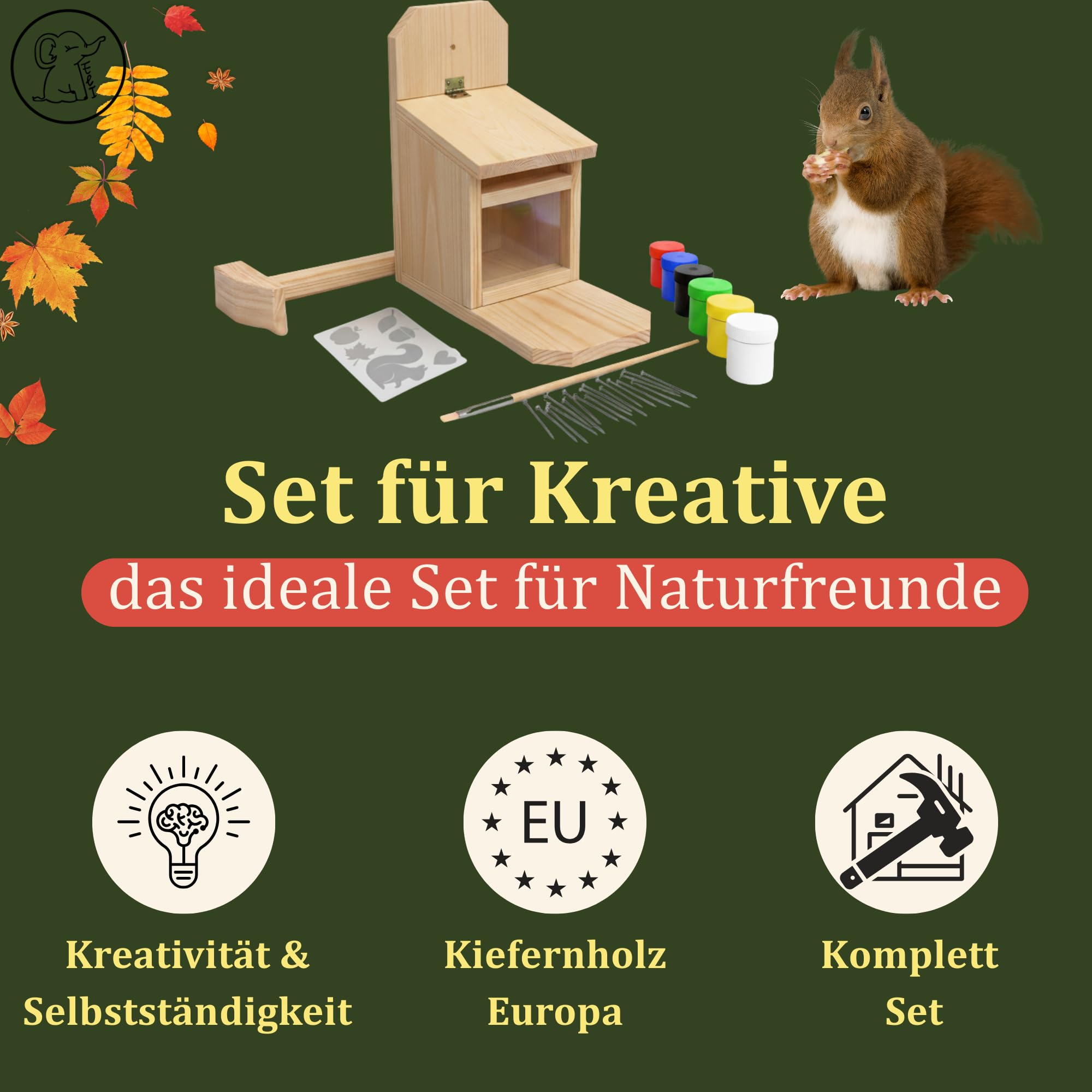 Eli® Eichhörnchen + Vogel Futterhaus Bausatz für Kinder aus Kiefernholz DIY | zum Bemalen – inkl. 6 Farben - Pinsel - Hammer - Schraubendreher - Schablonen & Vorlagen - Geschenk Junge - Mädchen - Holz