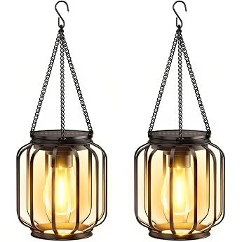BUCASA Garten Solarlampen f r Au en H ngend 2 St ck Solar Laternen f r Drau en mit Gr er LED-Gl hbirne IP65 Wasserdicht Metall Solarleuchten f r Au en Terrasse Rasen Balkon Hof Gartendeko [Energieklasse A+]