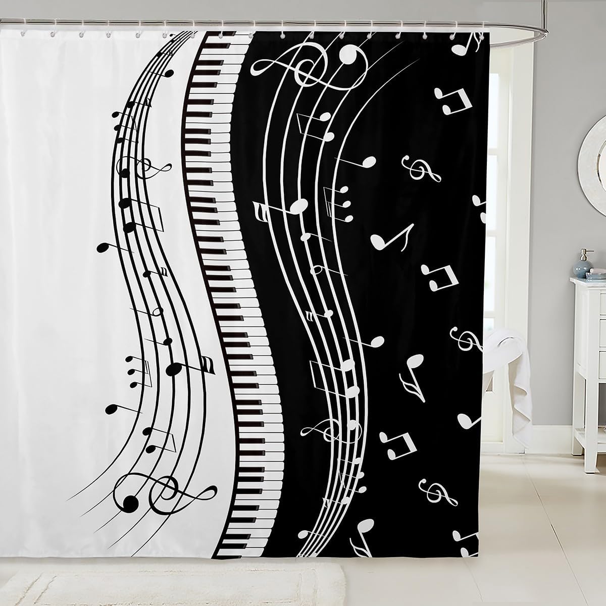 Manfei Piano Kids Shower Curtains,Piano Key Keyboard Musical Notes Bathroom Curtains for Boys Girls,Hip Pop Classical Music Theme Black White Waterproof Curtains,12 Hooks Suits,72" W x 72" L