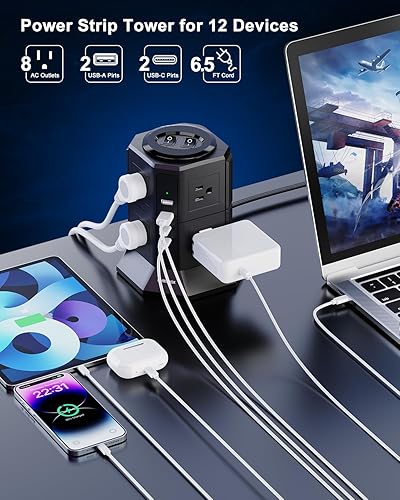 Miniatura 2 de Torre de regleta de protección contra sobretensiones con 8 salidas de CA, 4 puertos USB (2 tipo C), cable de extensión ultra plano de 6.5 pies,