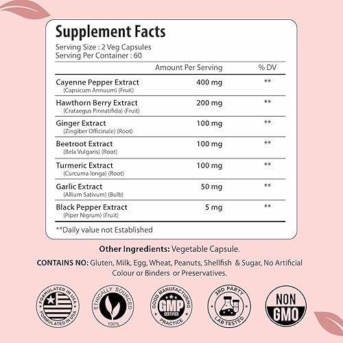 Miniatura 2 de Cápsulas de pimienta de cayena, mezcla 7 en 1 con espino, jengibre, remolacha, ajo y cúrcuma, 120 cápsulas veganas, suministro de 2 meses, píldoras