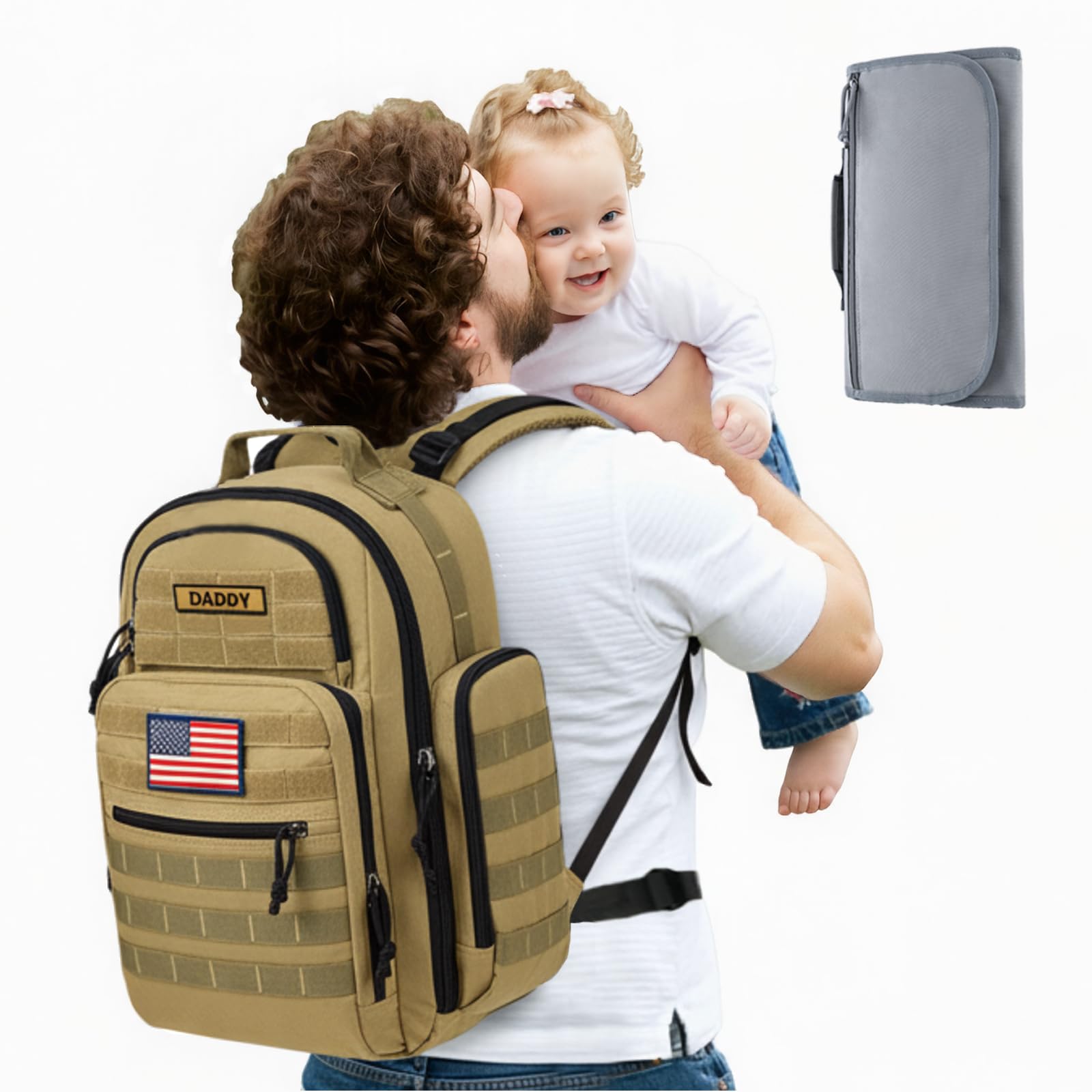 SHARKMOUTH Baby Diaper Bag for Men - Large Military Daddy Gear Backpack with Changing Pad for Travel Camping Hiking - Army Style for Active Dad Tan