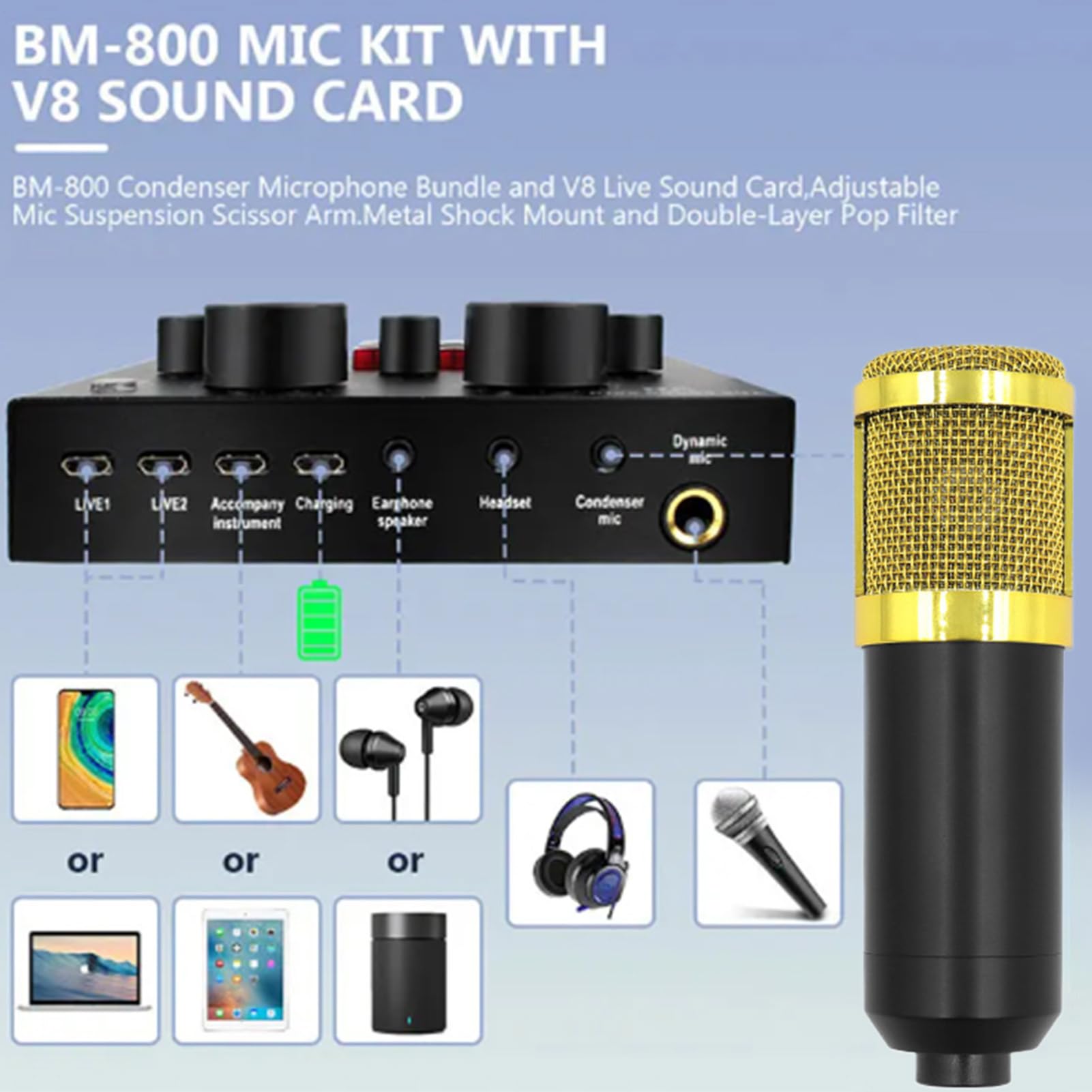 Equipo de estudio de grabación en directo, tarjeta de sonido, soporte para micrófono | Plug and Play Kit de equipo de estudio de grabación fácil de usar para presentadores, cantantes,