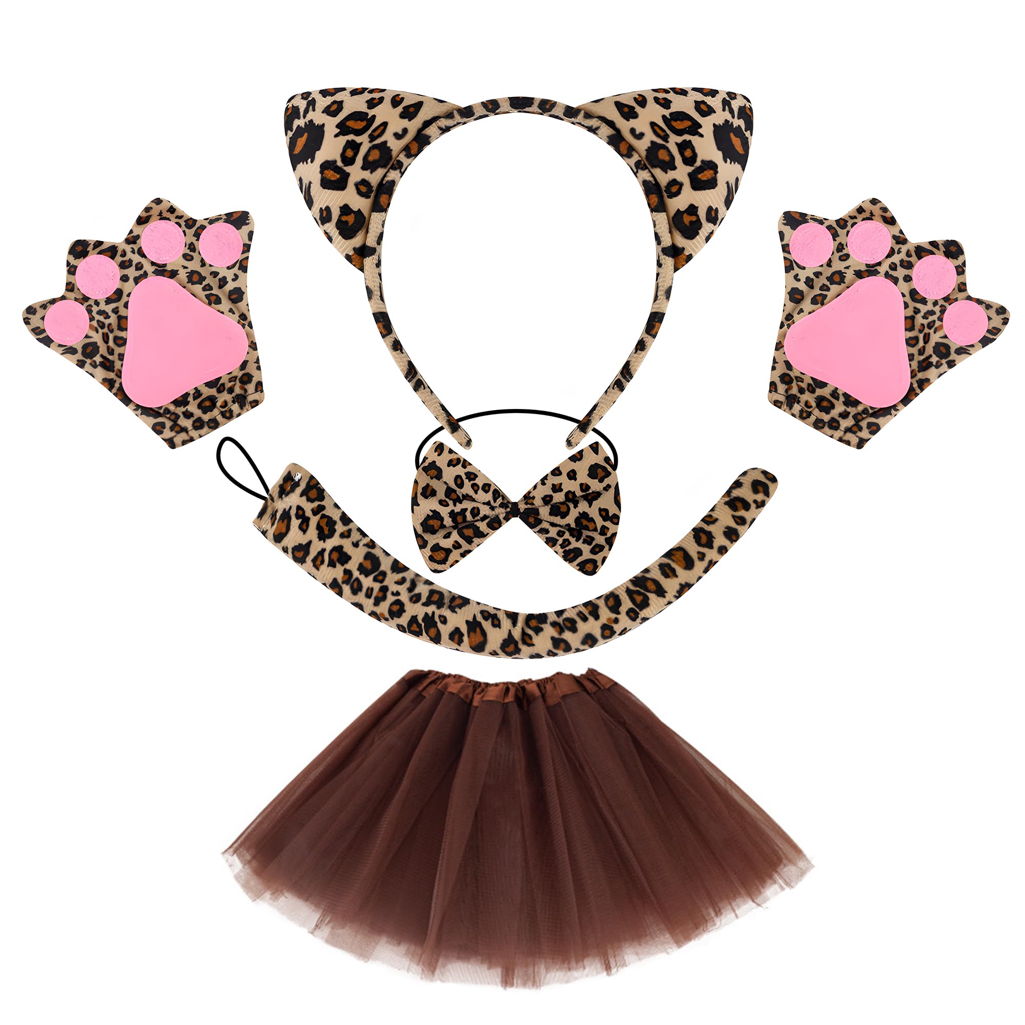 cadelon 6Pcs Leopard Costume Set for Fancy Dress, Complete Animal Print Outfit with Leopard Ears, Brown Tutu Skirt, Tail, Gloves, Bow & Nose, Soft & Comfortable, Easy to Wear, for Cosplay, Carnival