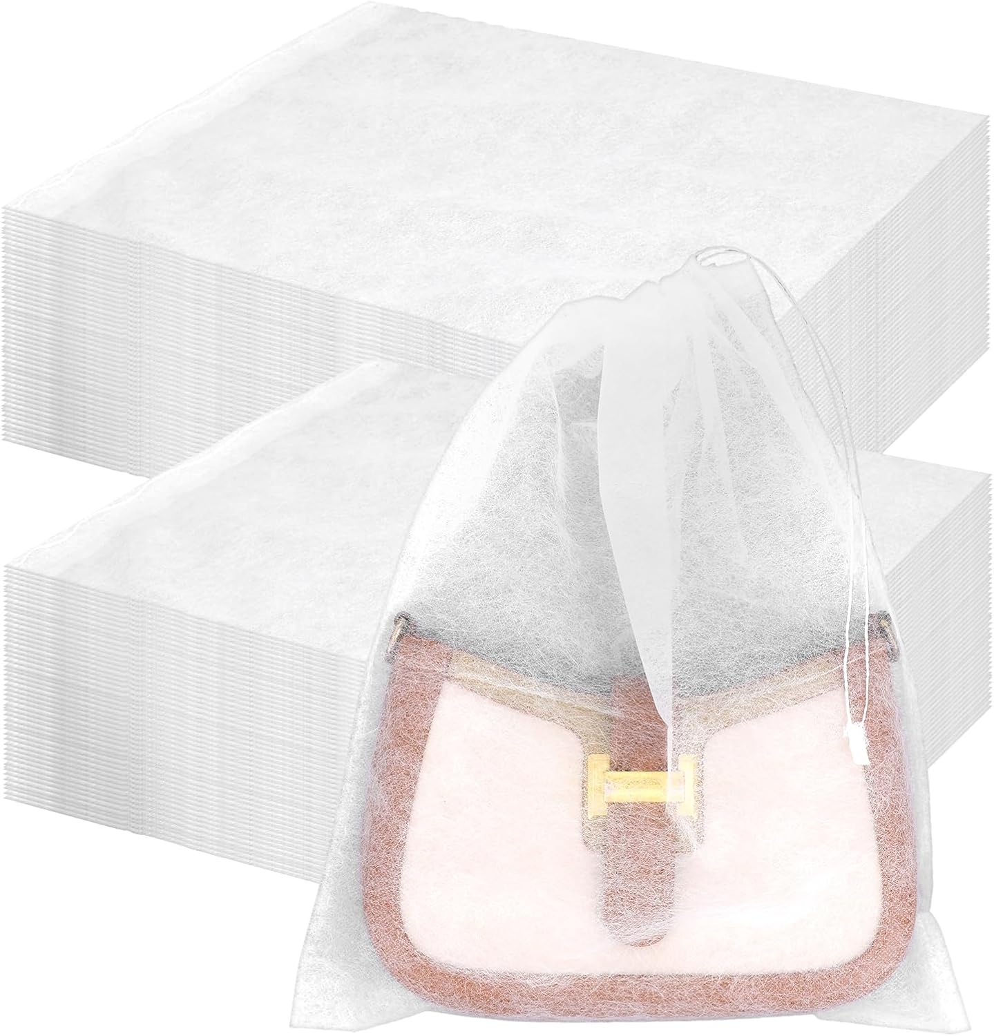 200 Pcs Dust Proof Drawstring Storage Bags, 12.6 x 15 Inches Non Woven Fabric Breathable Shoe and Handbag Covers for Travel Closet Organization, White